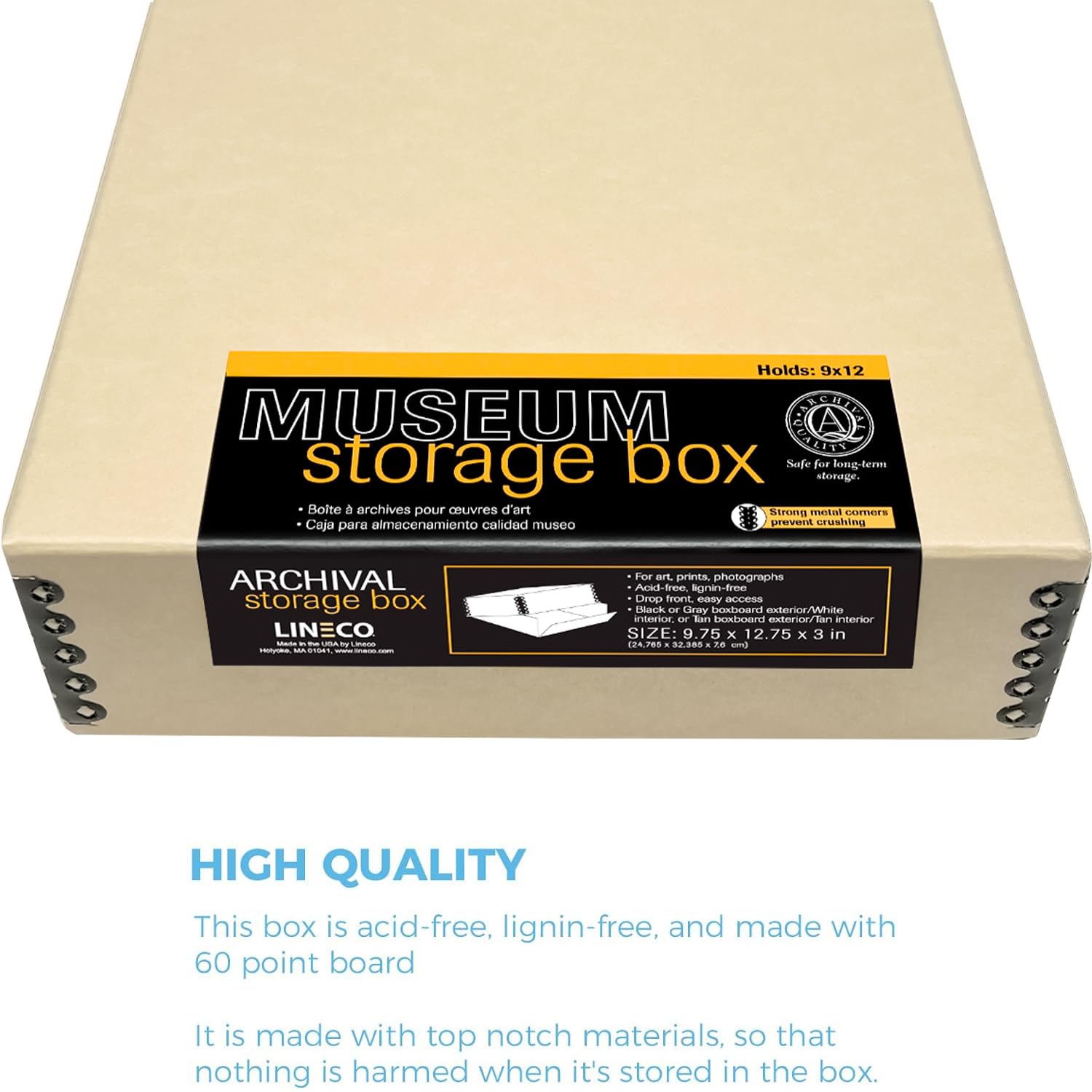 Lineco Museum Archival Storage Box, 9.75X12.75X3 In. Drop Front Design. Acid Free With Metal Edge. Organize Photos, Pictures, Prints, Documents, Crafts, Diy. Tan, 1 Pack