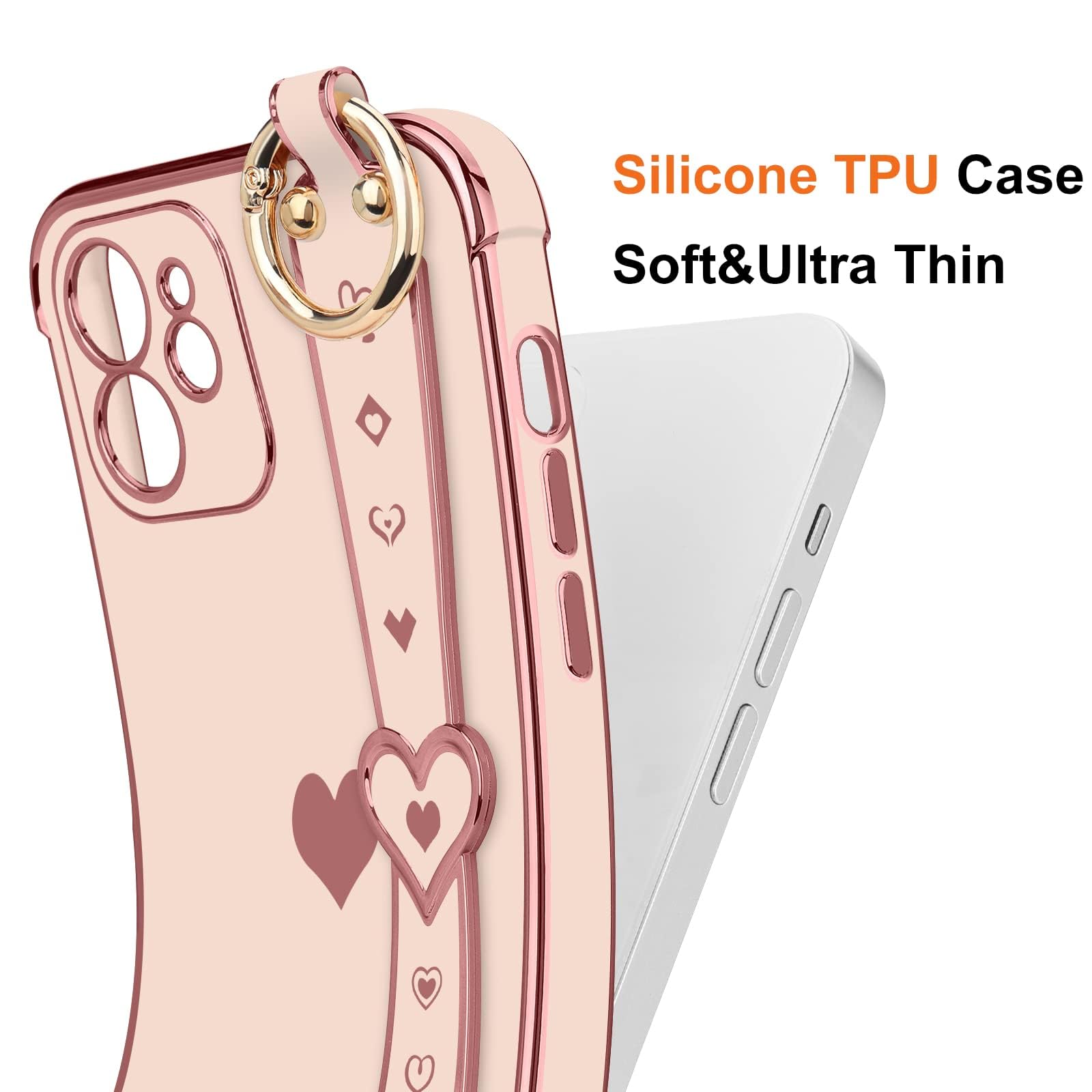 Llz.Coque For Iphone 12 Case Cute Love Heart Plating Strap Phone Cover For Women Girls Bling Soft Silicone Camera Lens Protectio