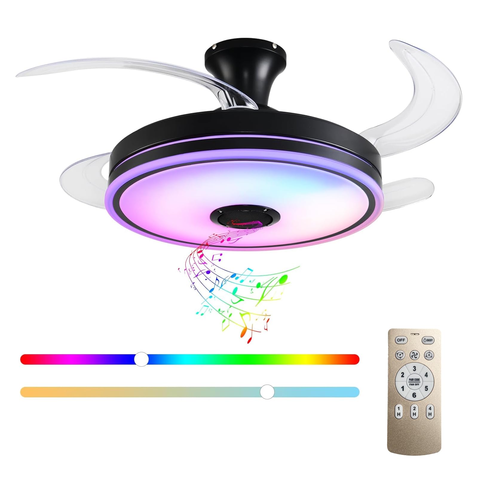 HENTAG 42 Retractable Ceiling Fan with Lights, Smart Ceiling Fan Light with Bluetooth Speaker, App Control for Dimming & RGB C