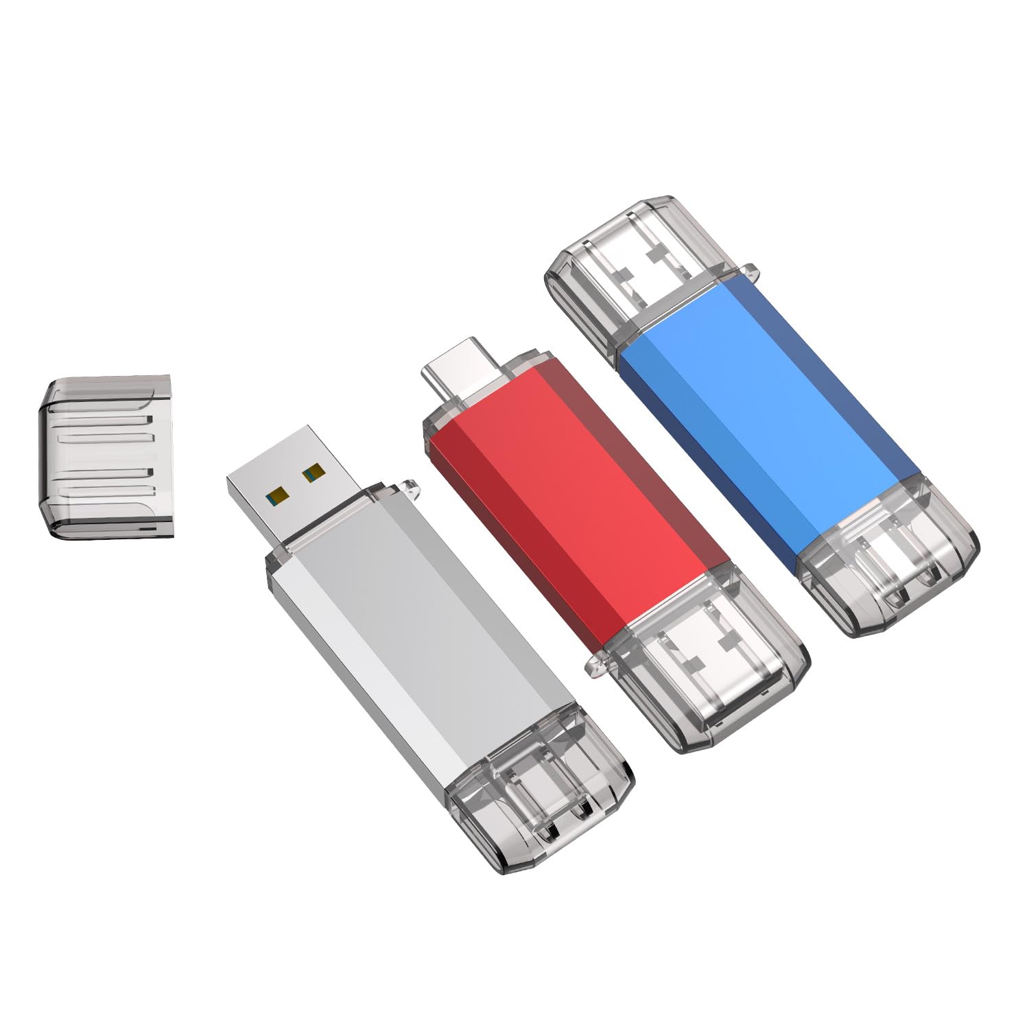 Raoyi 3 Pack 64Gb Usb C Flash Drive, 2 In 1 Usb 3.0 Type C Dual Otg Metal Thumb Drive Jump Drive Memory Stick With Keychain Suitable For Usb C Smartphones, Computers And Tablets (Red,Silver,Blue)