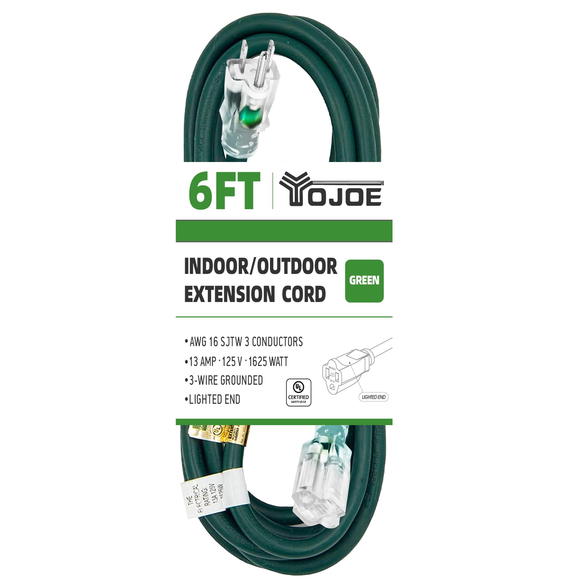 Yojoe Indoor Outdoor Extension Cord With Lighted End, 3 Prong 13A Weatherproof Power Extension Cord, 16 Gauge Heavy Duty 6 Ft Gr