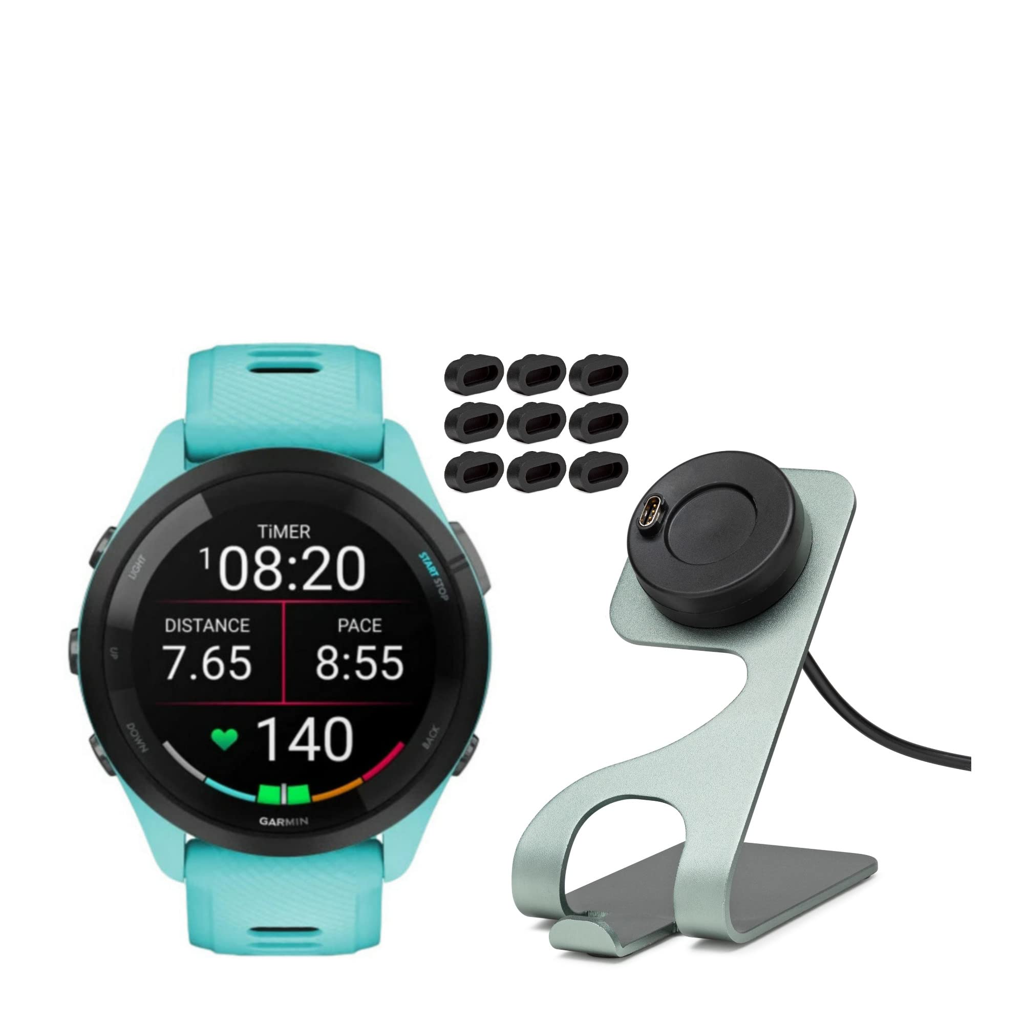 Garmin Forerunner 265 GPS Running Smartwatch (Aqua) with Silicone Straps (Aqua/Black) Bundle with Portable Charger Stand and USB