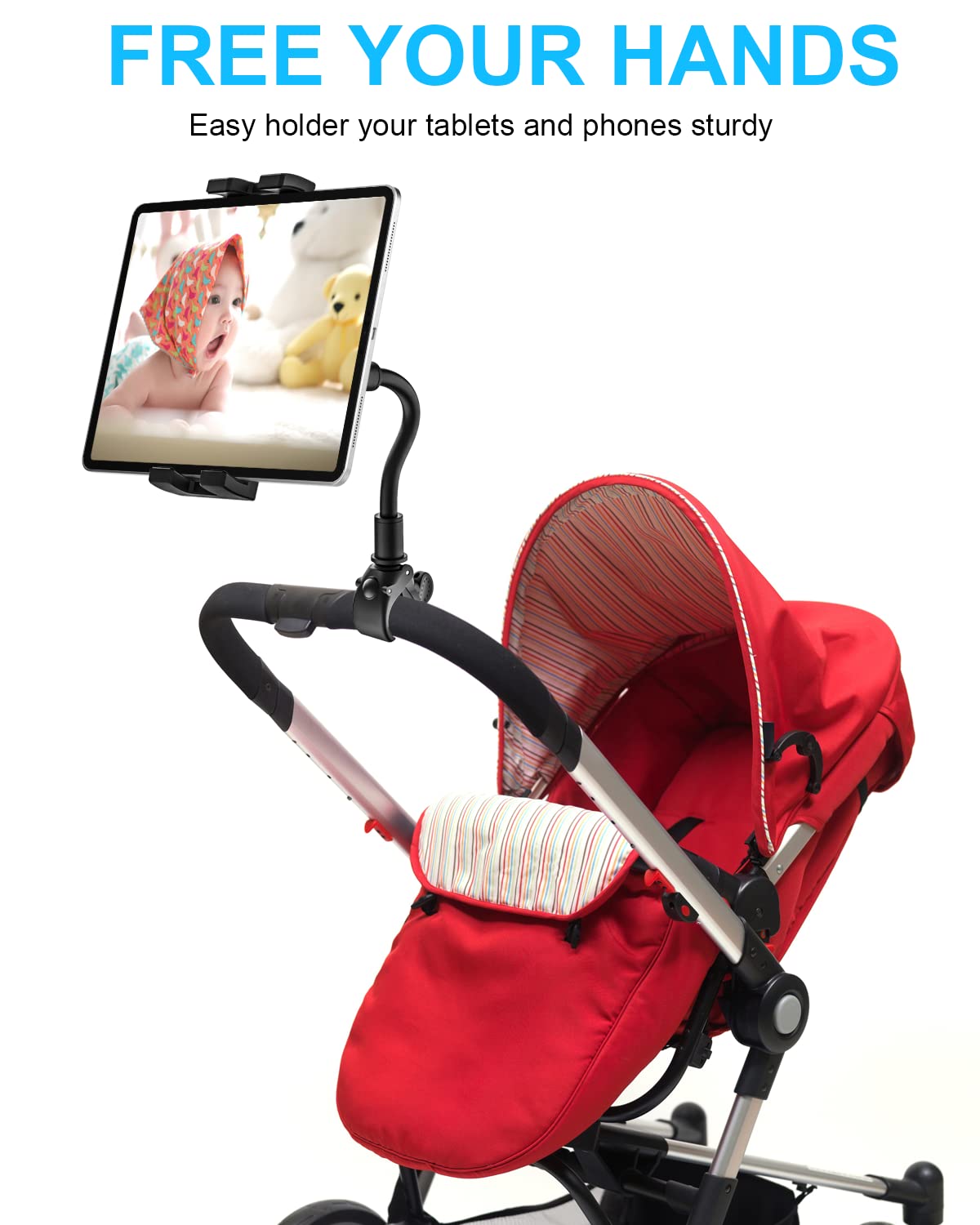 Gooseneck Ipad Holder For Stroller, Adjustable Phone Tablet Holder Mount Pole Clamp For Baby Stroller, Shopping Cart, Indoor Cyc