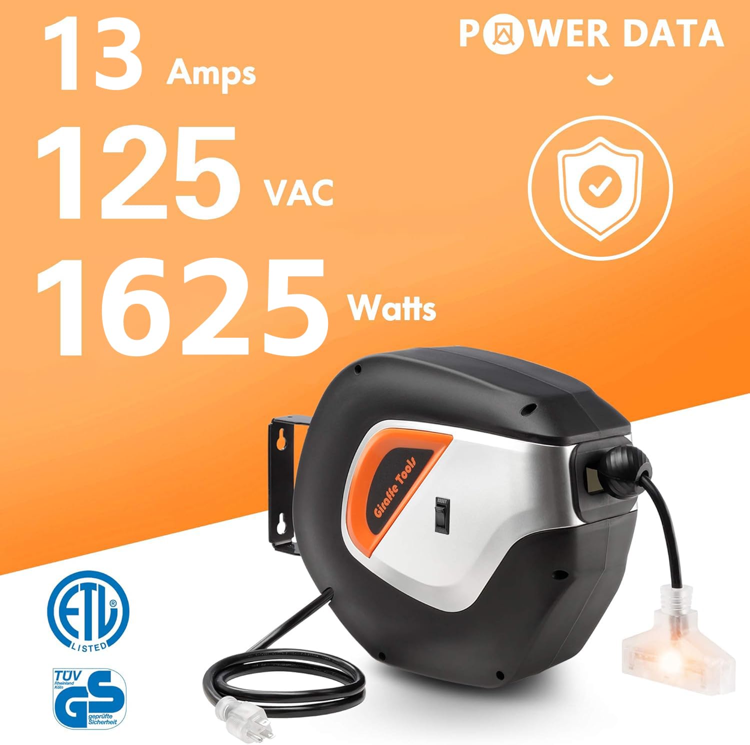 Giraffe Tools De14 Retractable Extension Cord Reel 50 Ft 14/3Awg Power Cord Storage Reel Wall/Ceiling Mount, Lighted Triple Tap