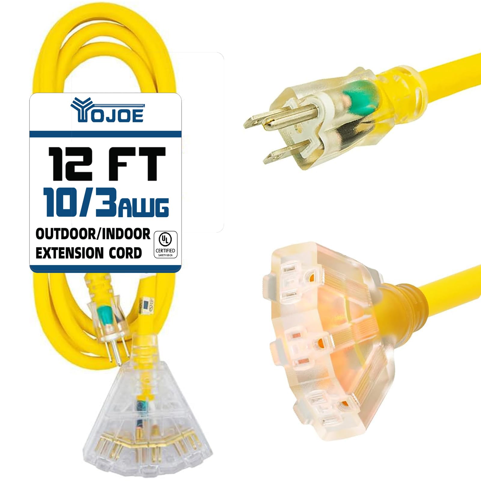 Yojoe 3 Outlets Indoor Outdoor Extension Cord With Lighted End, 3 Prong 15A Weatherproof Power Cord, 10 Gauge Heavy Duty 12 Ft Y