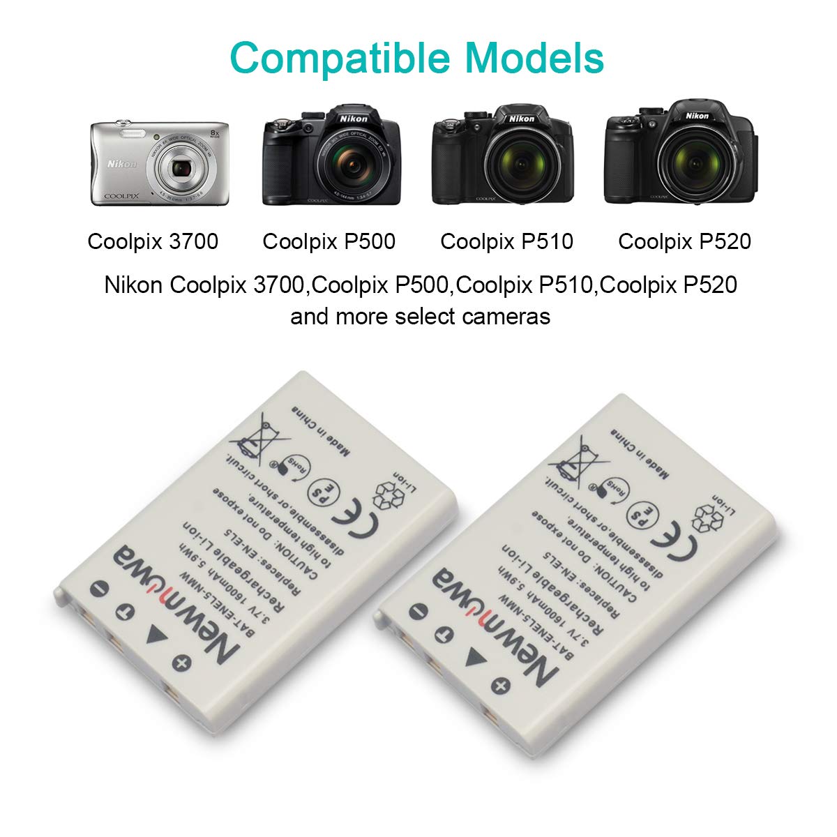 Newmowa En El5 Replacment Battery (2 Pack) And Dual Usb Charger Kit For Nikon Coolpix 3700, 4200, 5200, 5900, 7900, P3, P4, P80,