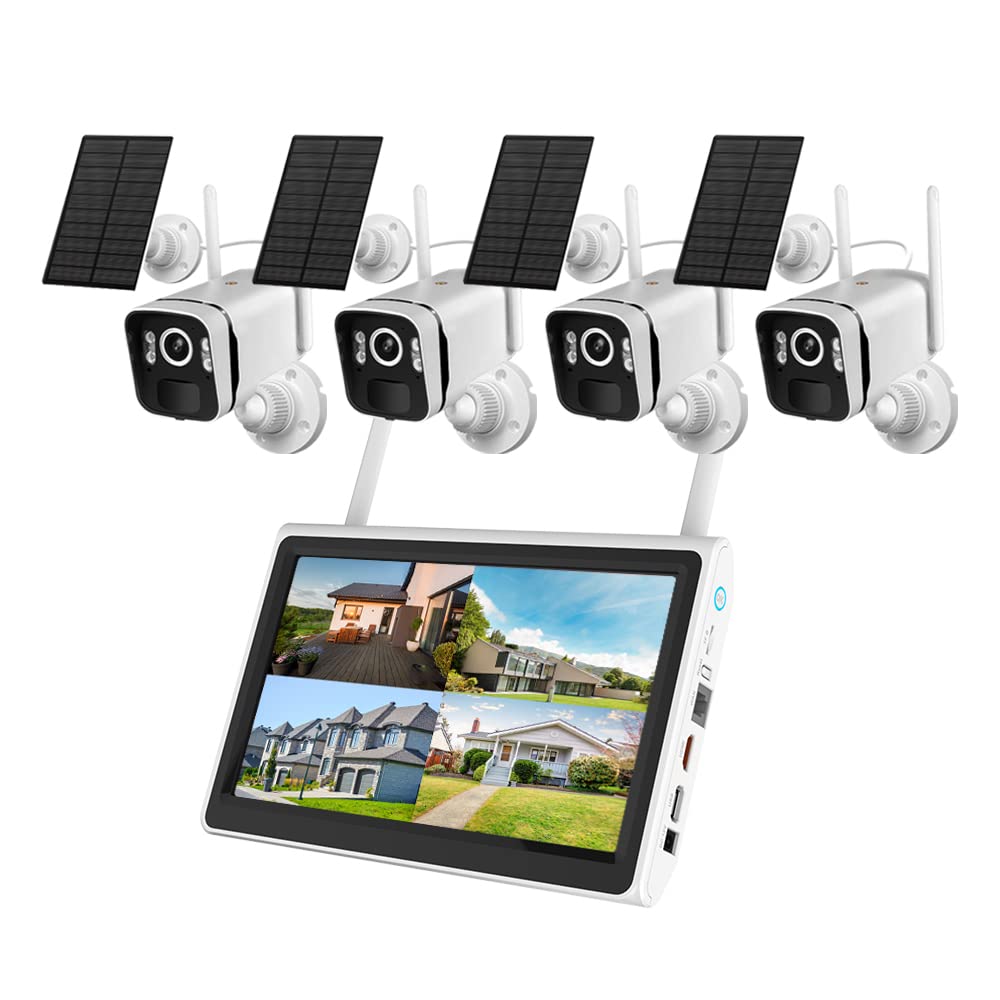 Solar Security Cameras Wireless Outdoor: 2.5K/4Mp Uhd Battery Solar Powered Home Security Wifi System With 10'' Lcd Monitor, 10C