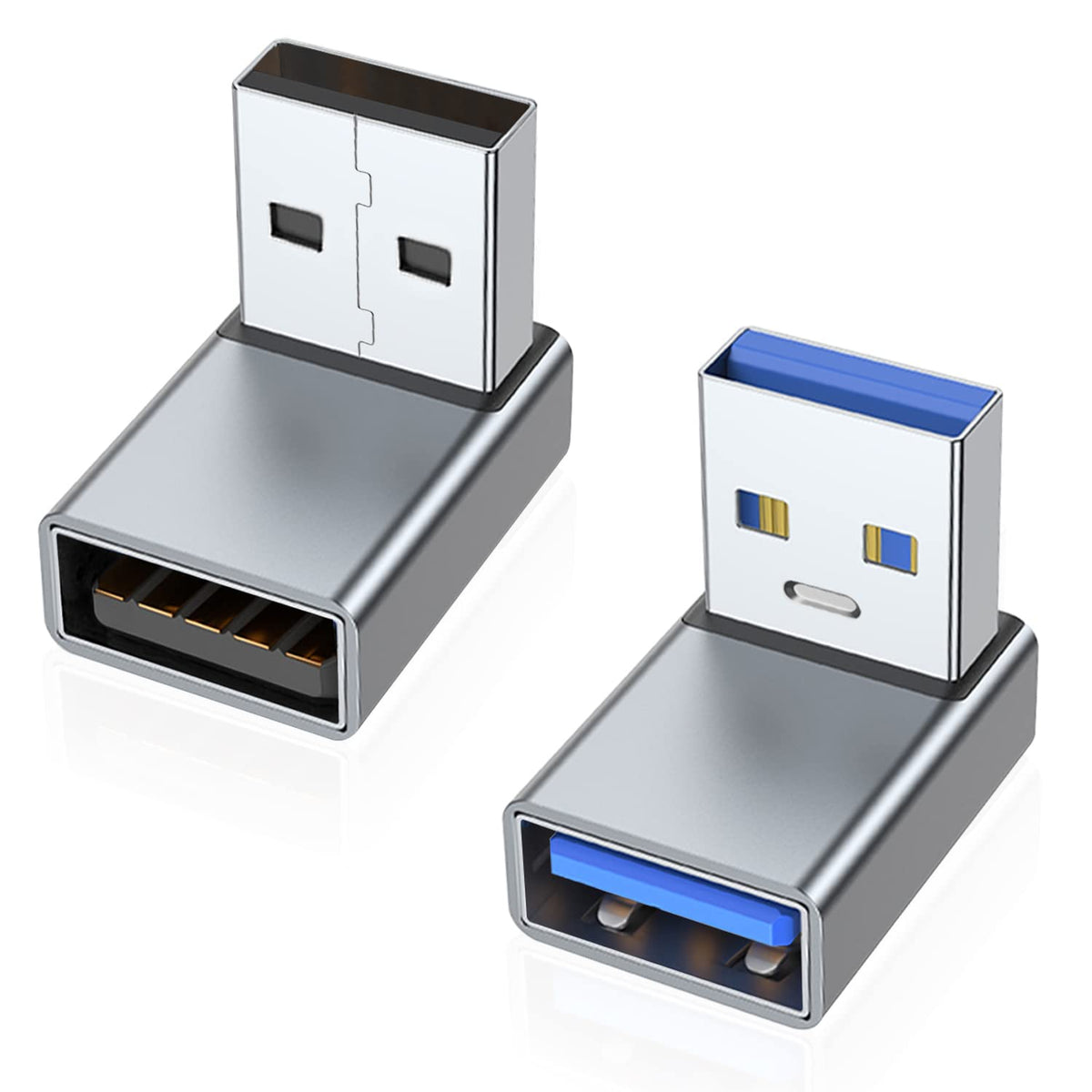 Areme 90 Degree Usb 3.0 Adapter 2 Pack, Up And Down Angle Usb A Male To Female Converter Extender For Pc, Laptop, Usb A Charger, Power Bank And More (Grey)