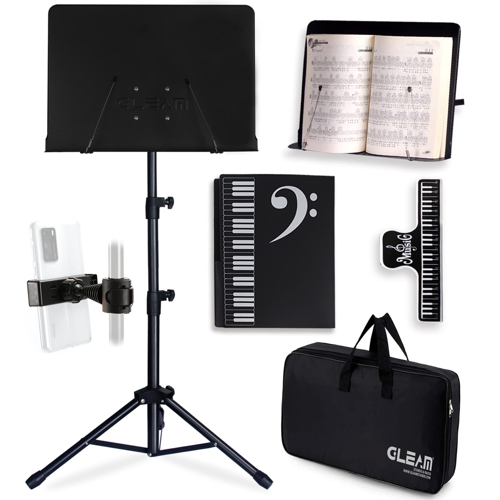 Gleam Sheet Music Stand   Full Metal With Carrying Bag, Phone Holder, Sheet Music Folder And Clip, 5 In 1 Desktop Book Stand
