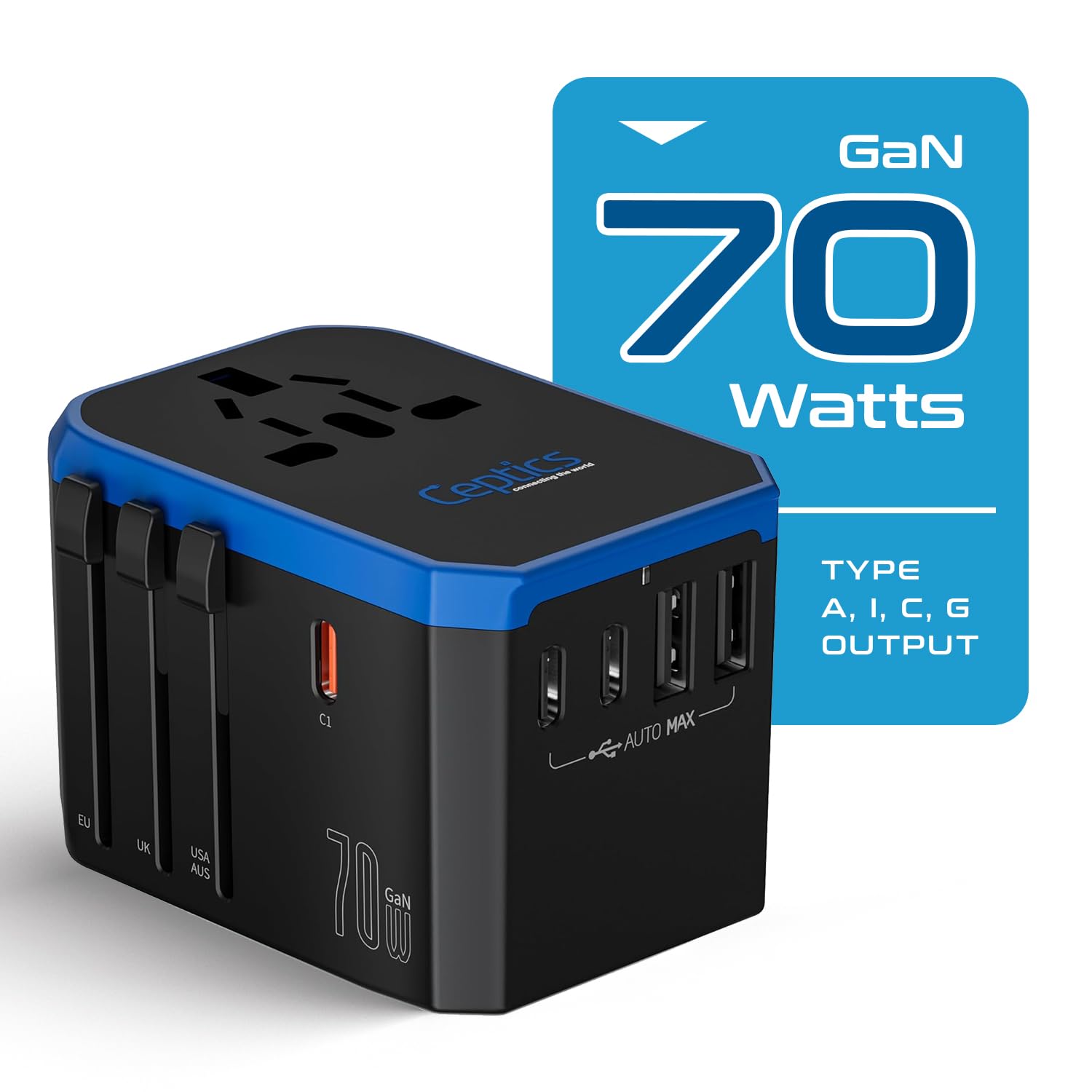 Ceptics 70W World International Travel Plug Adapter   Powerful Gan Tech With Pd & Qc 3.0 Dual 3X Usb C Power   2 Usb Ports Wall Charger Type I C G A Outlets 110V 220V A/C   Eu Euro Us Uk (70 Ku)