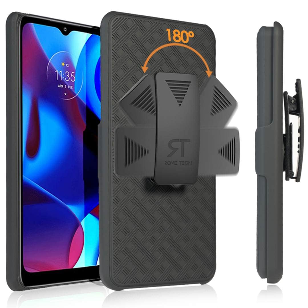 Rome Tech Motorola G Power (2022) Phone Case with Belt Clip Holster Kickstand Plastic Black