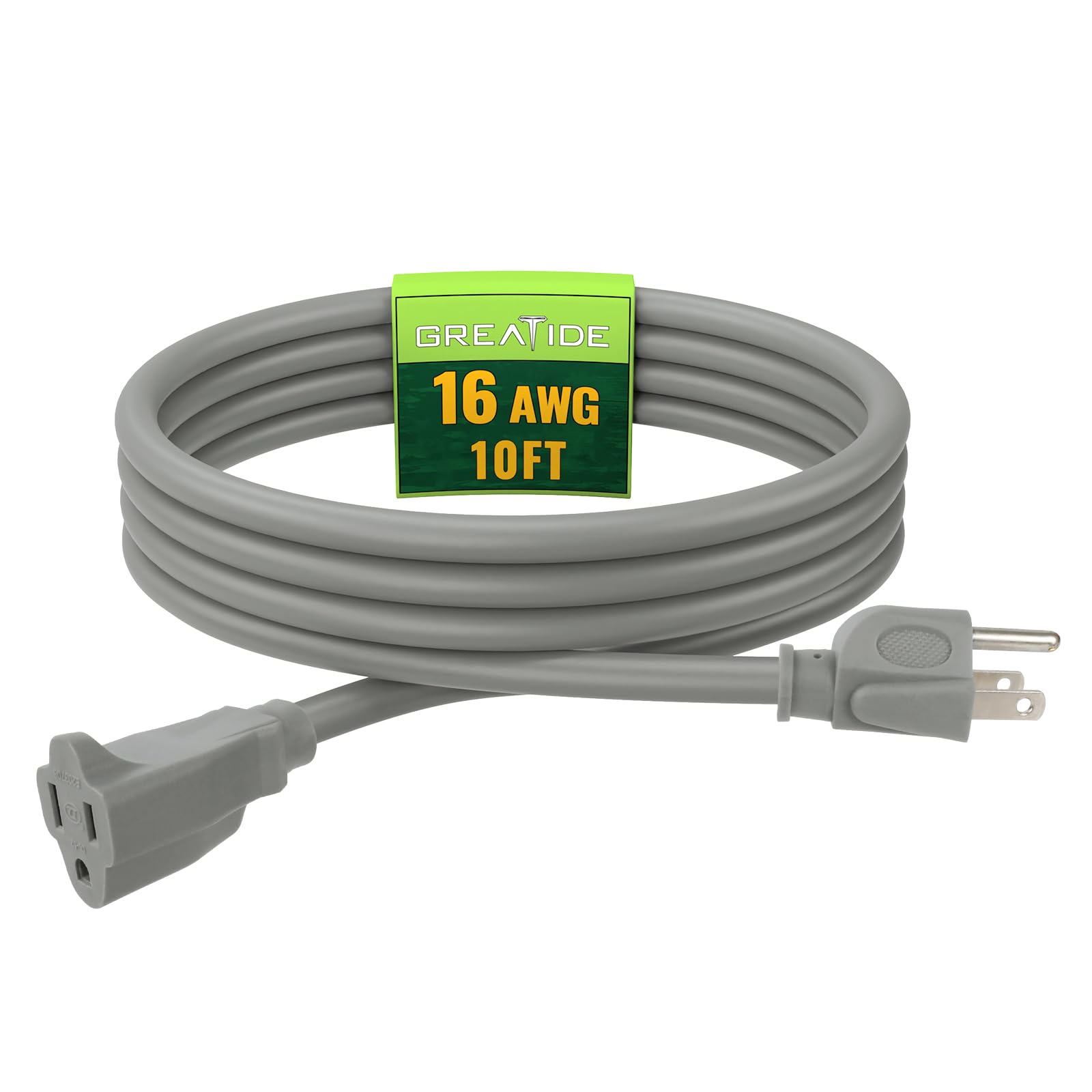 Greatide Indoor Outdoor Extension Cord 10 Ft, 16/3 Sjtw Weatherproof Grey Electrical Cords, 13 Amp Heavy Duty 3 Prong Power Cabl