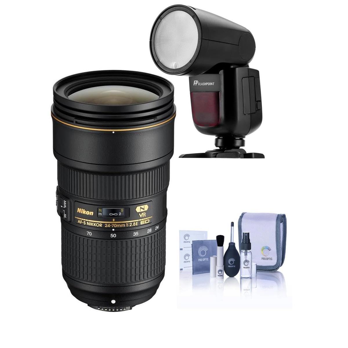 Nikon 24-70mm f/2.8E ED-IF AF-S VR NIKKOR Lens, Bundle with Flashpoint Zoom Li-on X R2 Flash Speedlight, Cleaning Kit