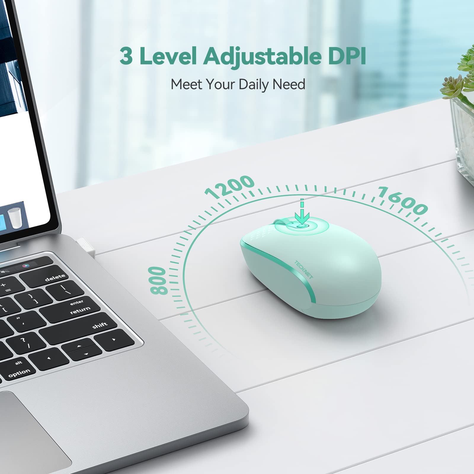 TECKNET Wireless Mouse - Mint Green, 2.4G Quiet, 4 Buttons, USB Receiver, 800/1200/1600 DPI, Portable for Laptop, PC, Mac