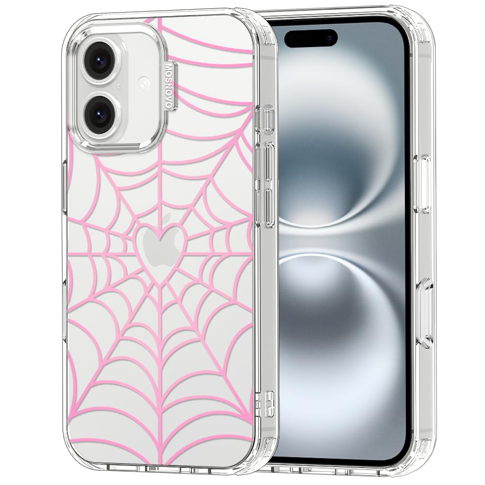 MOSNOVO for iPhone 16 Case, Shockproof Military-Grade Protection 6.6ft Drop Tested, Clear Phone Case for iPhone 16, Pink Spiderw
