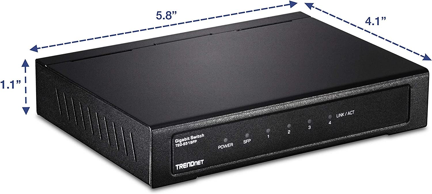 Trendnet 5 Port Gigabit Compact Metal Desktop Switch With Sfp Slot, Teg S51Sfp , Fanless Design, Wall Mountable, Lifetime Protection, Black