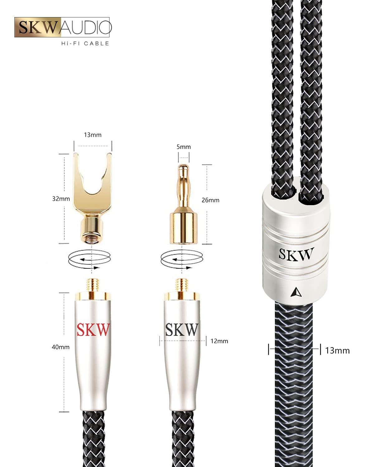 Skw High End Wg Series A Pair Speaker Cable With Convertible Banana And Spade Plugs 5Ft/1.5M (2 Cables)