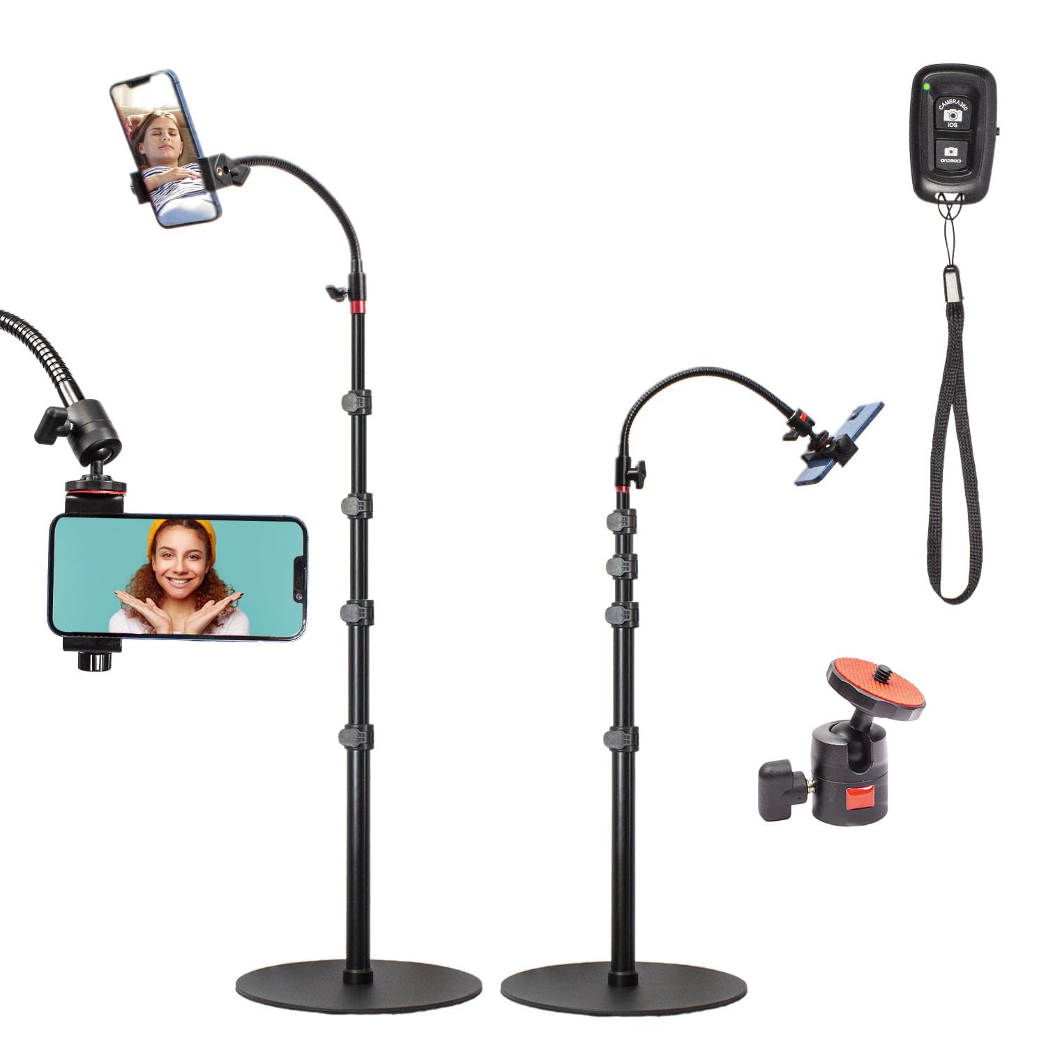 Heavy Duty Aluminum Overhead Phone Stand, 15 in Long Arm iPhone Holder with 360 Degrees Swivel Tilt Overhead for Video Recording