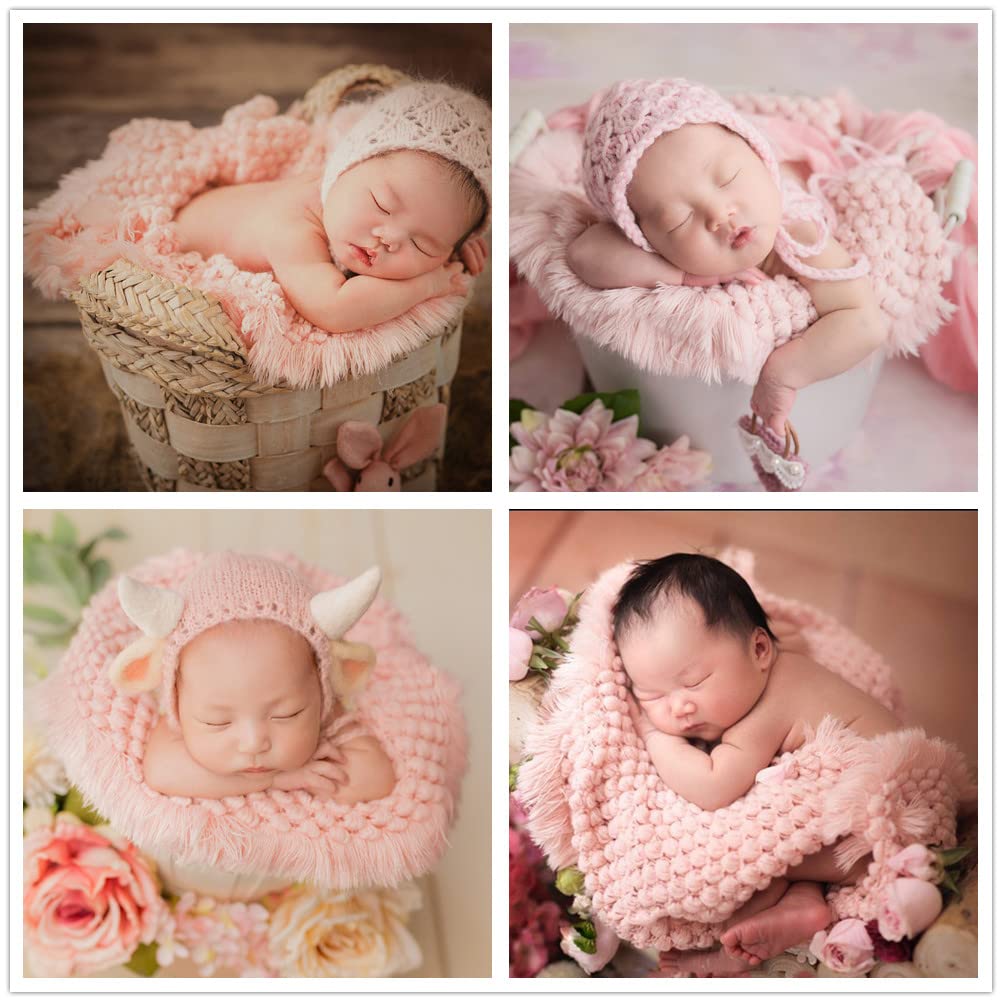 Zeroest Baby Photography Props Basket Braid Wool Wrap Newborn Photo Shoot Baskets Filler Posing Stuffer Background Blanket (Pink