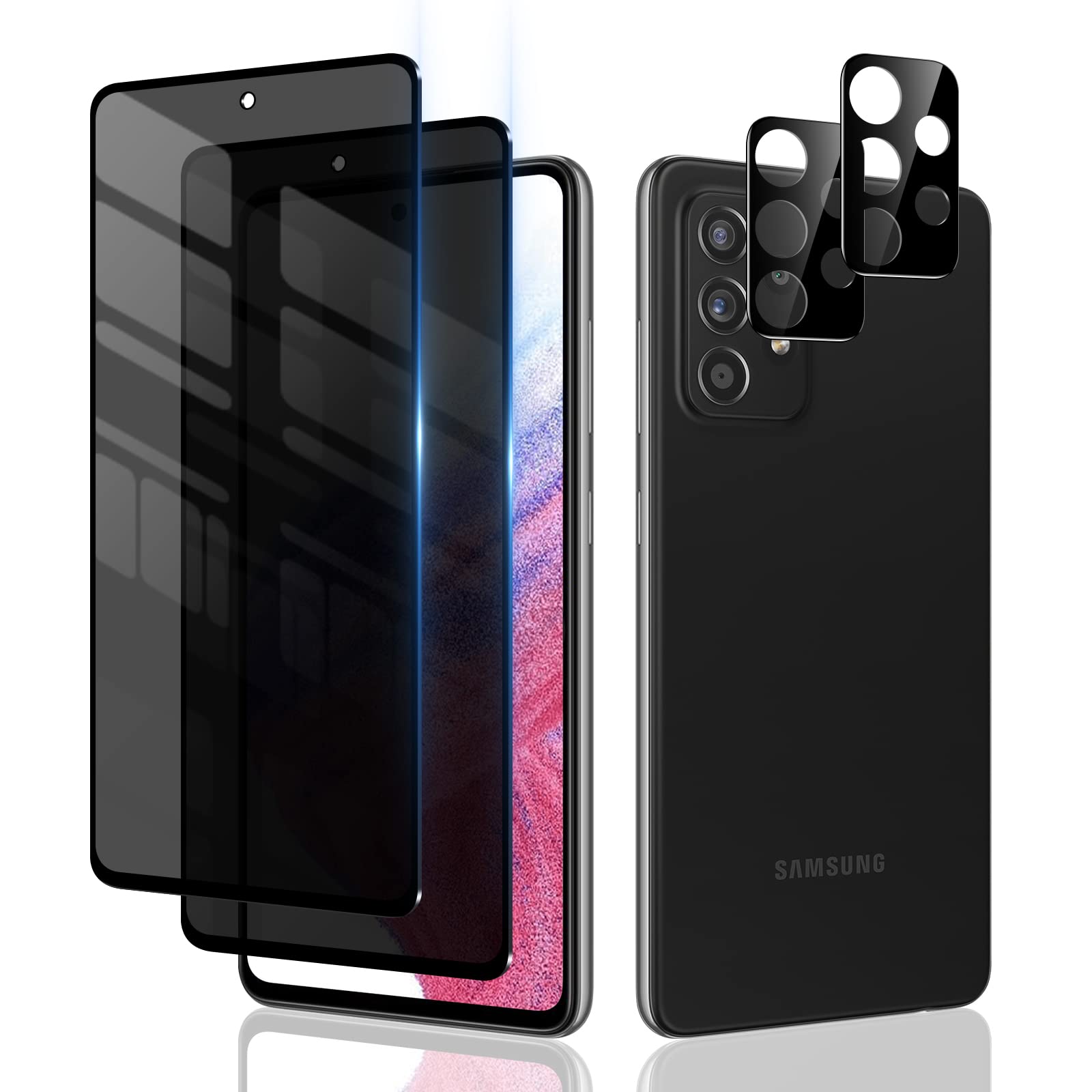 [2+2 Pack] Privacy Screen Protector For Samsung Galaxy A53 5G 2022 And Camera Lens Protector, Anti Spy, Bubble Free, Easy Instal
