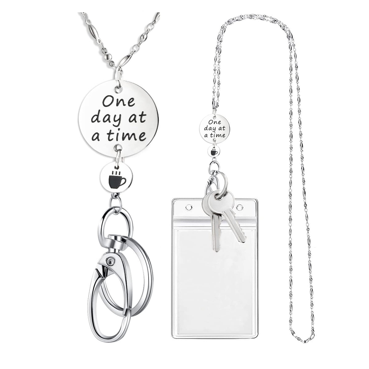 Sam  Lori Strong Pretty Lanyard Necklace For Id Badges Holder And Keys Engraved One Day At A Time Inspirational Charm Stainless