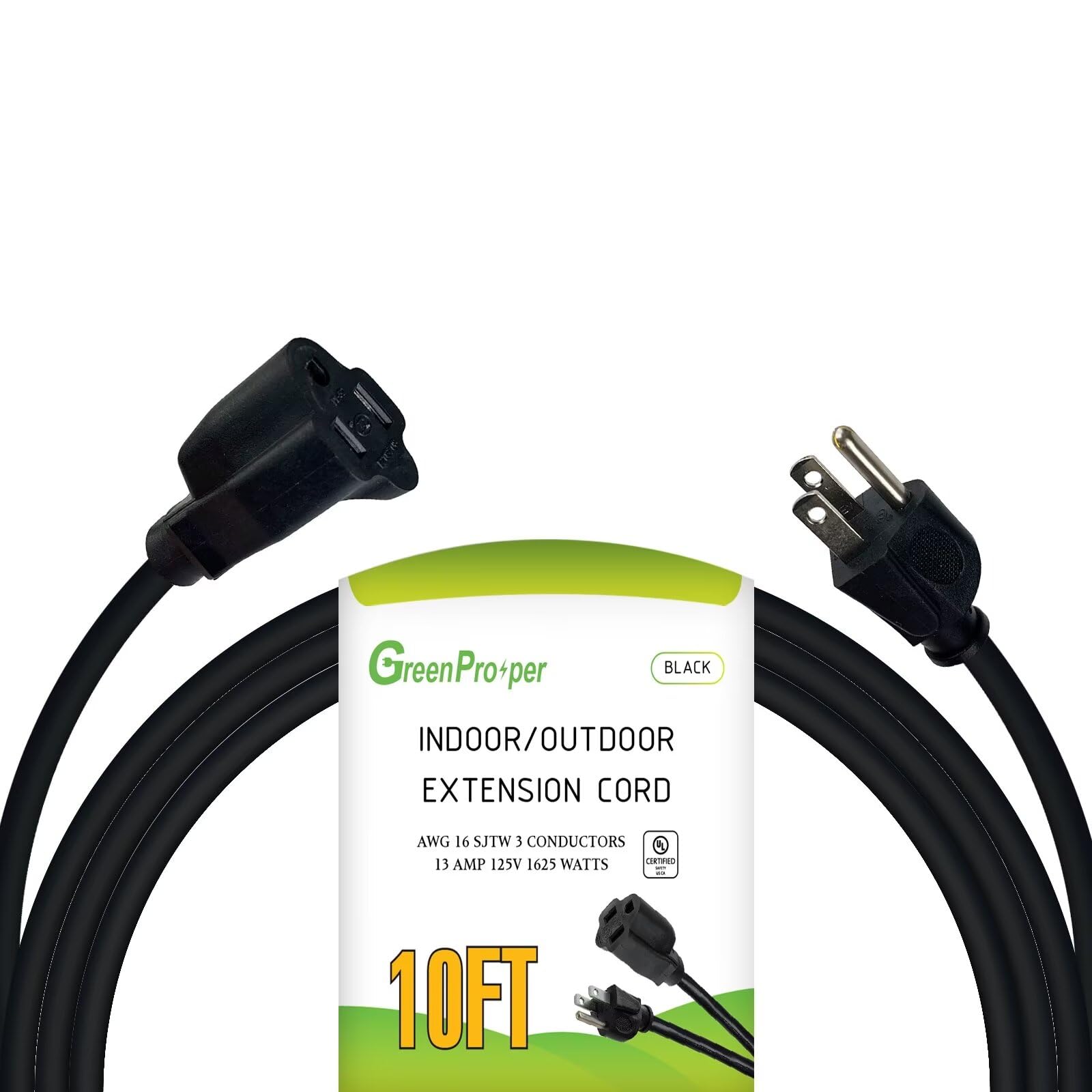 Greenprosper 10 Ft Indoor Outdoor Black Extension Cord, 16 Gauge Waterproof Electrical Power Cable, 16/3 Sjtw 3 Prong Grounded P