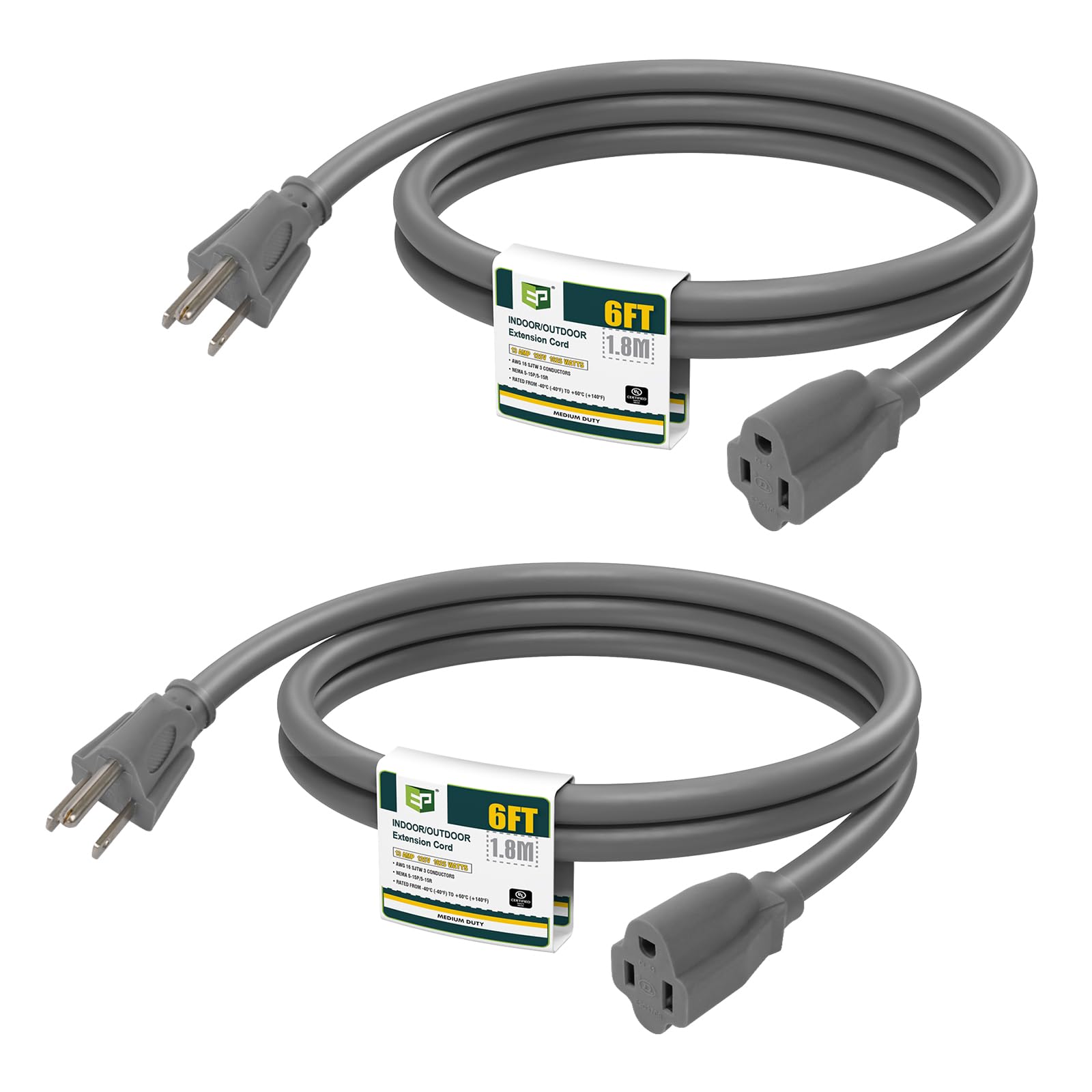 Ep 2 Pack 6 Ft Outdoor Extension Cord, 16/3 Sjtw Heavy Duty Power Cord, 3 Prong Grounded Plug, Waterproof, Cold Resistant, 13A 1