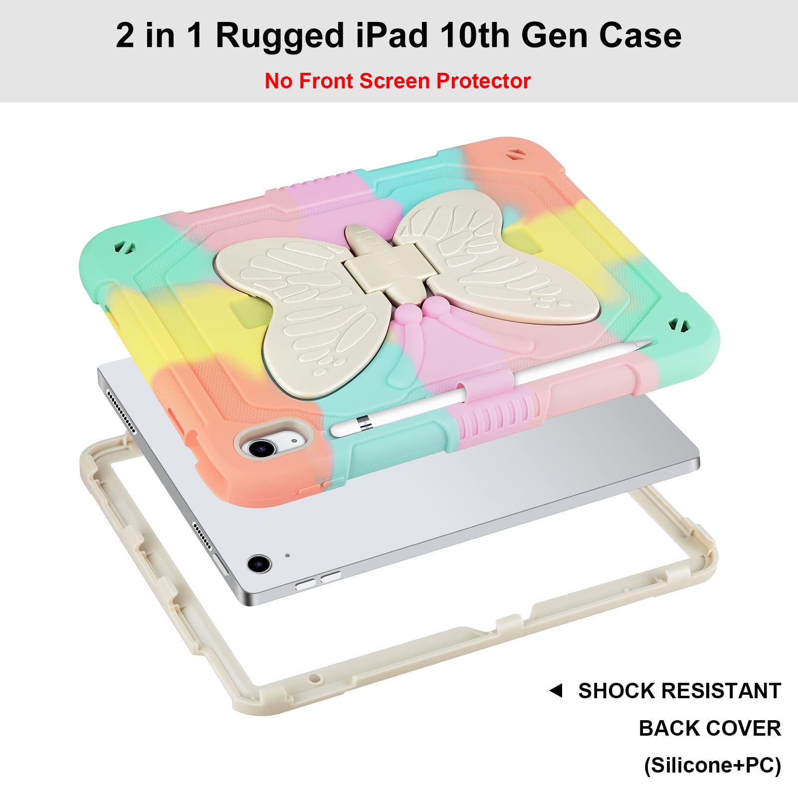 Vofuoe For Ipad 10Th Generation Case 2022 For Ipad 10.9 Case For Kids Girls With Butterfly Wings Kickstand Pencil Holder Shoulde