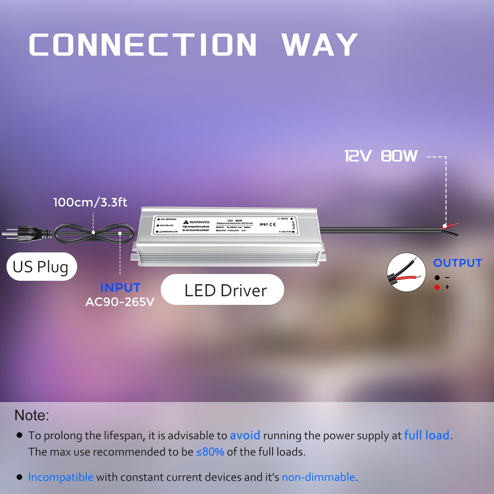Led Driver 12V 80W, Waterproof Ip67 Led Power Supply, Ac 110V To Dc 24 Volt Low Voltage Transformer With 3 Prong Plug 3.3 Feet C