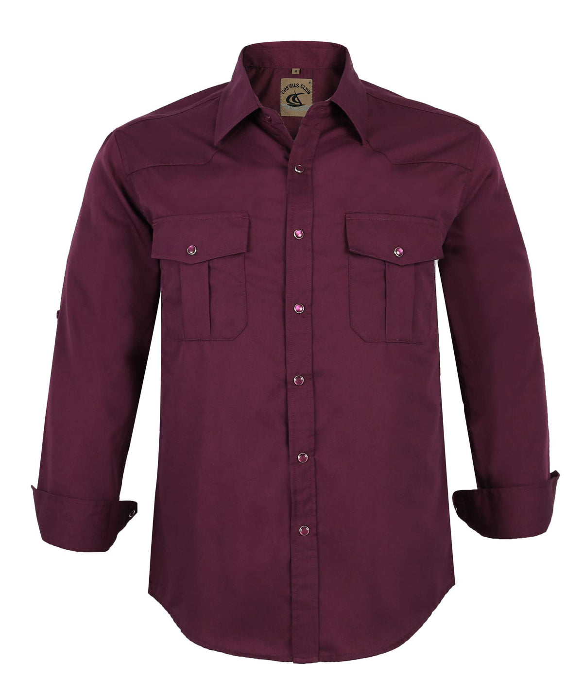 Coevals Club Mens Western Cowboy Long Sleeve Pearl Snap Casual Soild Work Shirts (Burgundy 7 L)