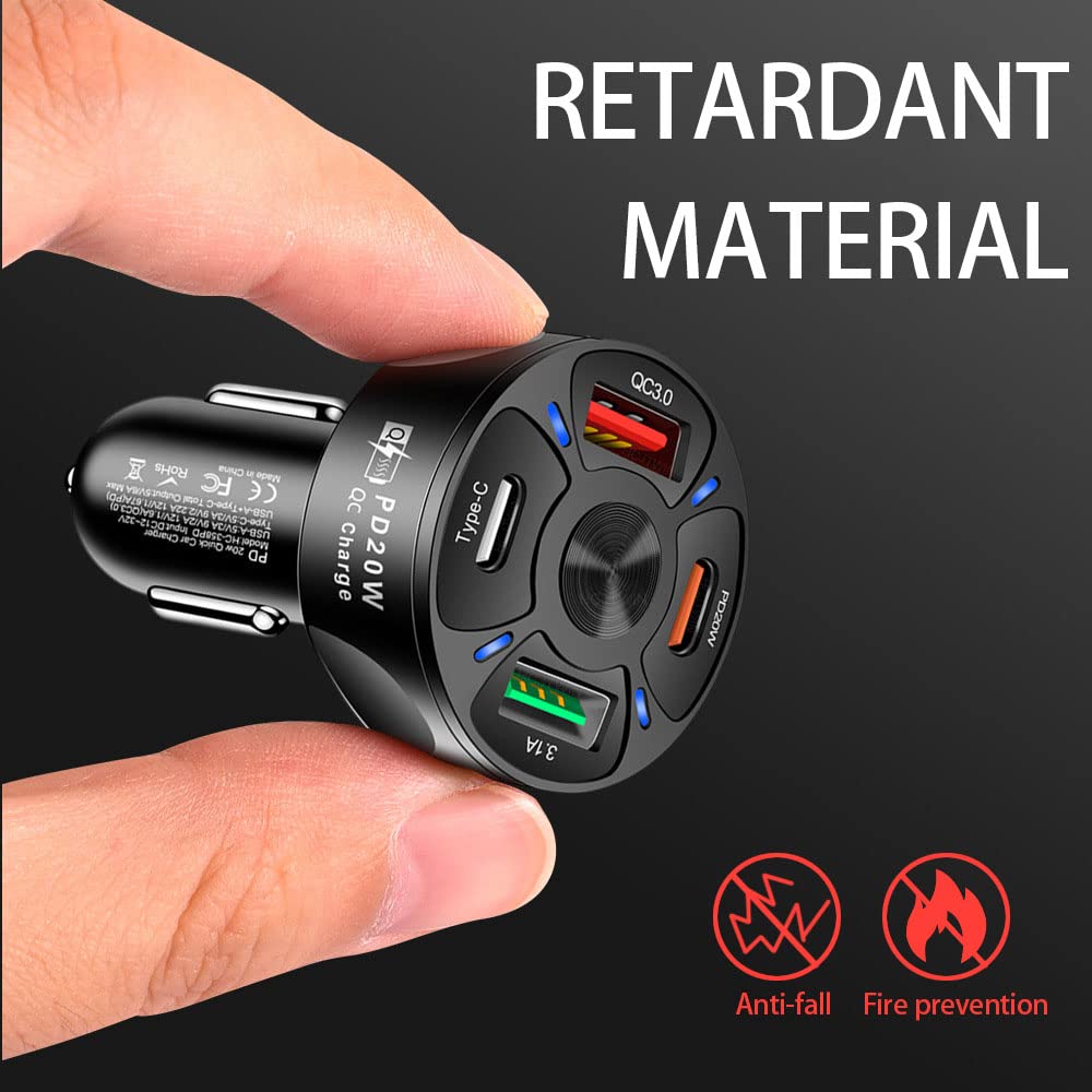 Car Charger Adapter,4 Ports Usb Fast Car Charger Qc3.0/Pd20W/Type C/2.1A, Smart Shunt Car Phone Charger Compatible Iphone 14 13