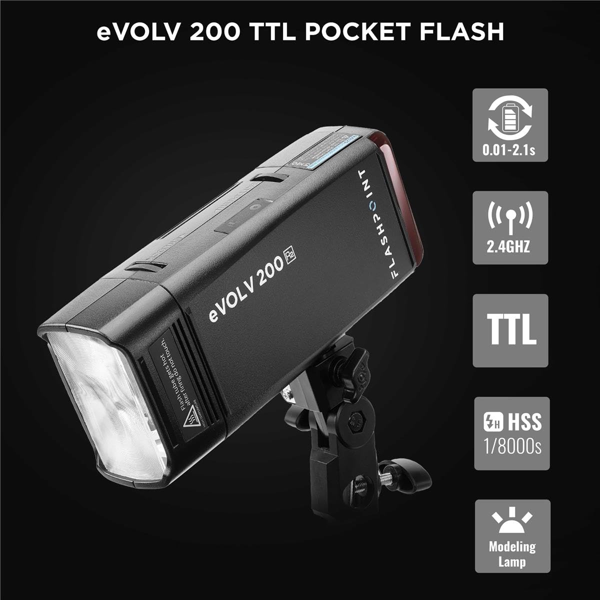 Flashpoint Evolv 200 R2 Ttl Pocket Flash Kit - 200Ws, 1/8000 Hss, 500 Full Power Flashes, 0.01-1.8S Recycling W/2900Mah Battery,