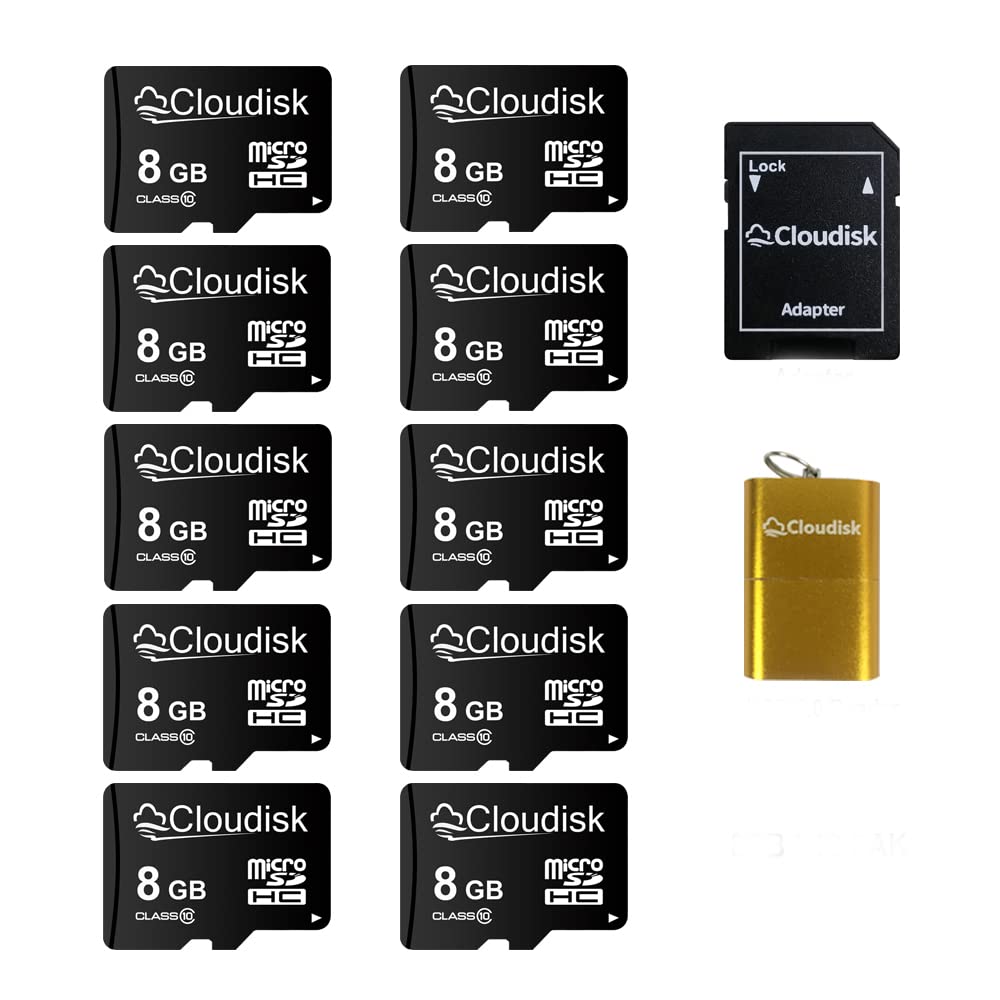 Cloudisk Pack Of 10 Micro Sd Card 8Gb Flash Memory Card C10 A1 U1 Micro Sdhc With Sd Adapter, Card Reader (8Gb)