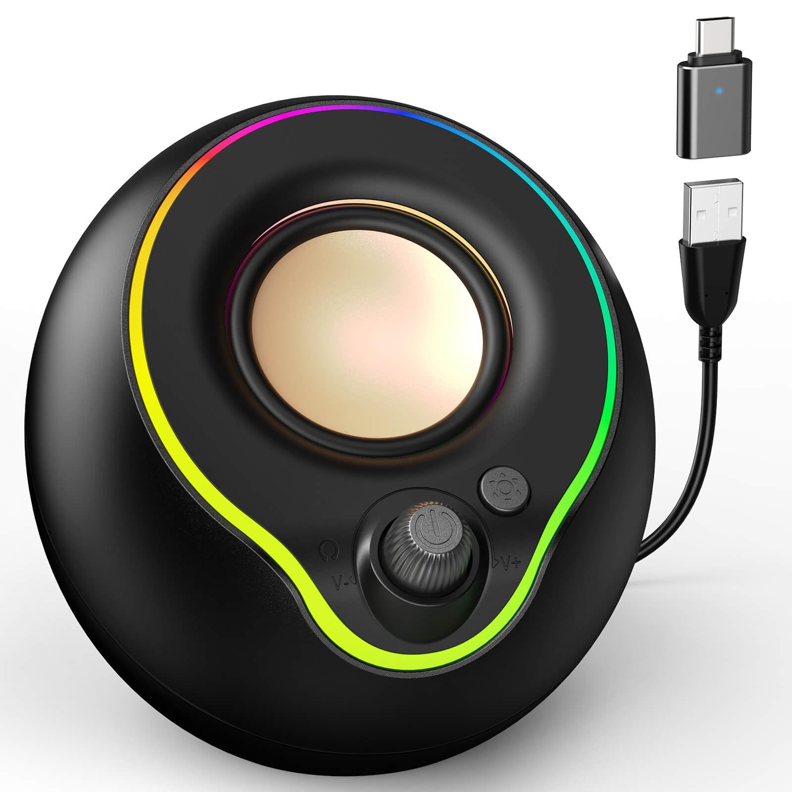 Lenrue Usb Computer Speakers, Laptop Speakers, Plug Play, Loud And Clear Sound, Easy Access Volume Konb, With Type C Adapter, Colorful Lights, For Desktop, Pc, Laptop, Phone (Usbblack)