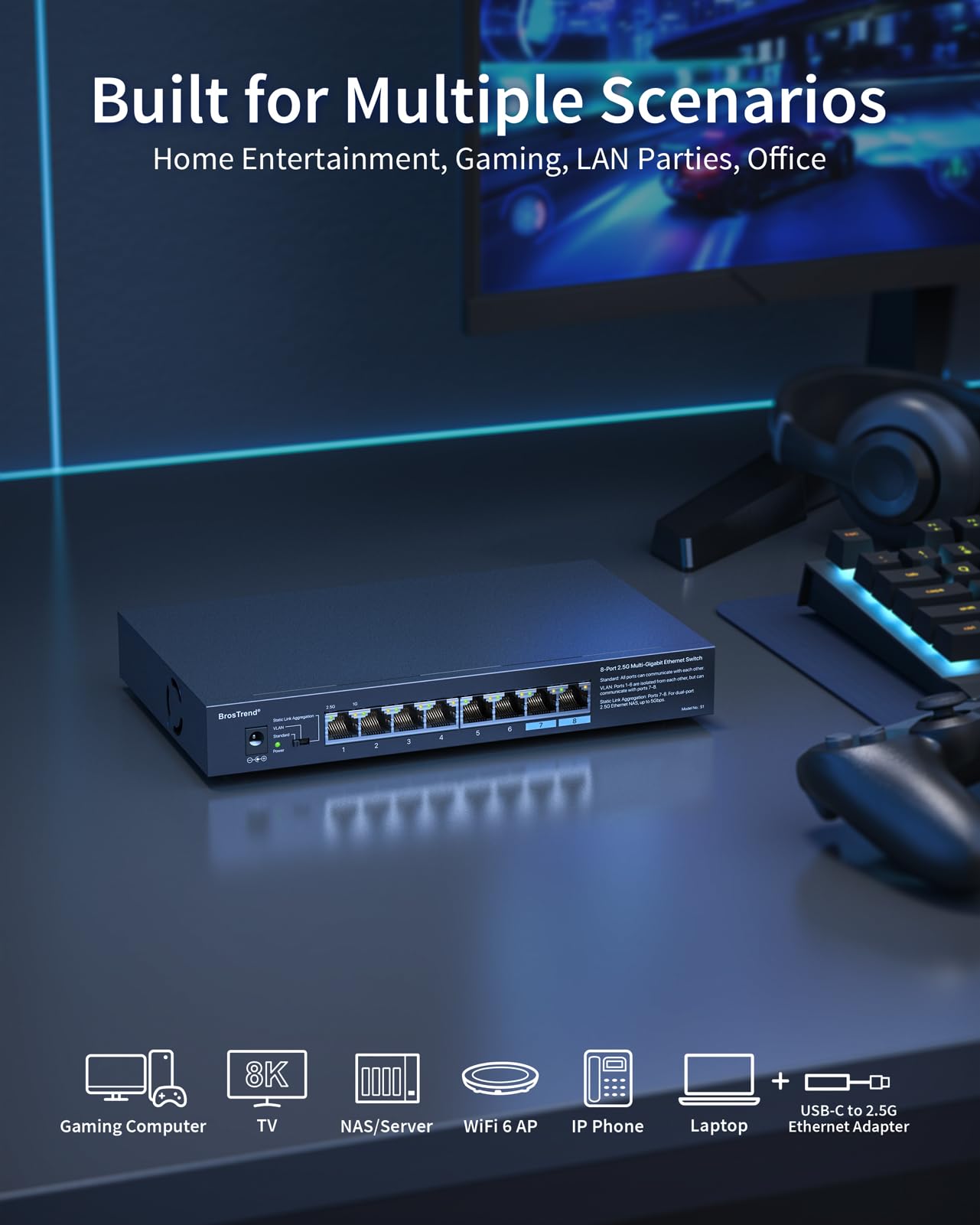 Brostrend 8 Port 2.5G Ethernet Switch Multi Gigabit Unmanaged Network Switch 2.5Gb Switch Supports Static Link Aggregation & Vla