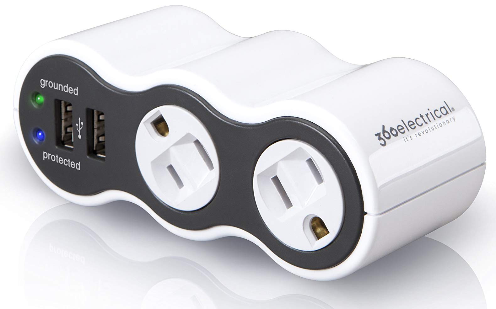 360 Electrical 36053 2Ca6Es R2 Mini Surge Protector, 2 Outlet + 2 Usb, White And Gray