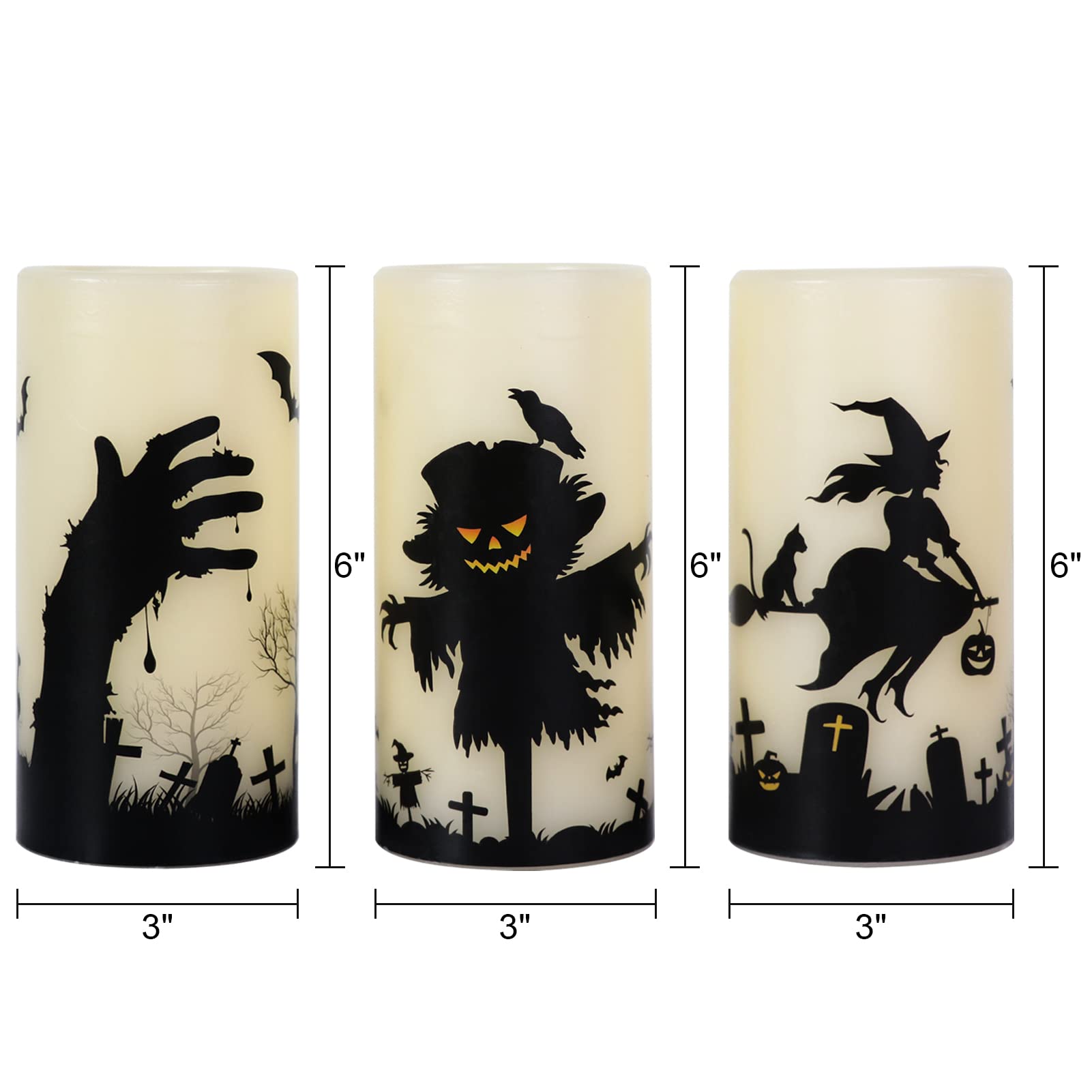 Genswin Halloween Flameless Flickering Candles With Witch, Scarecrow, Hand Decals With Remote Timer, Battery Operated Real Wax H
