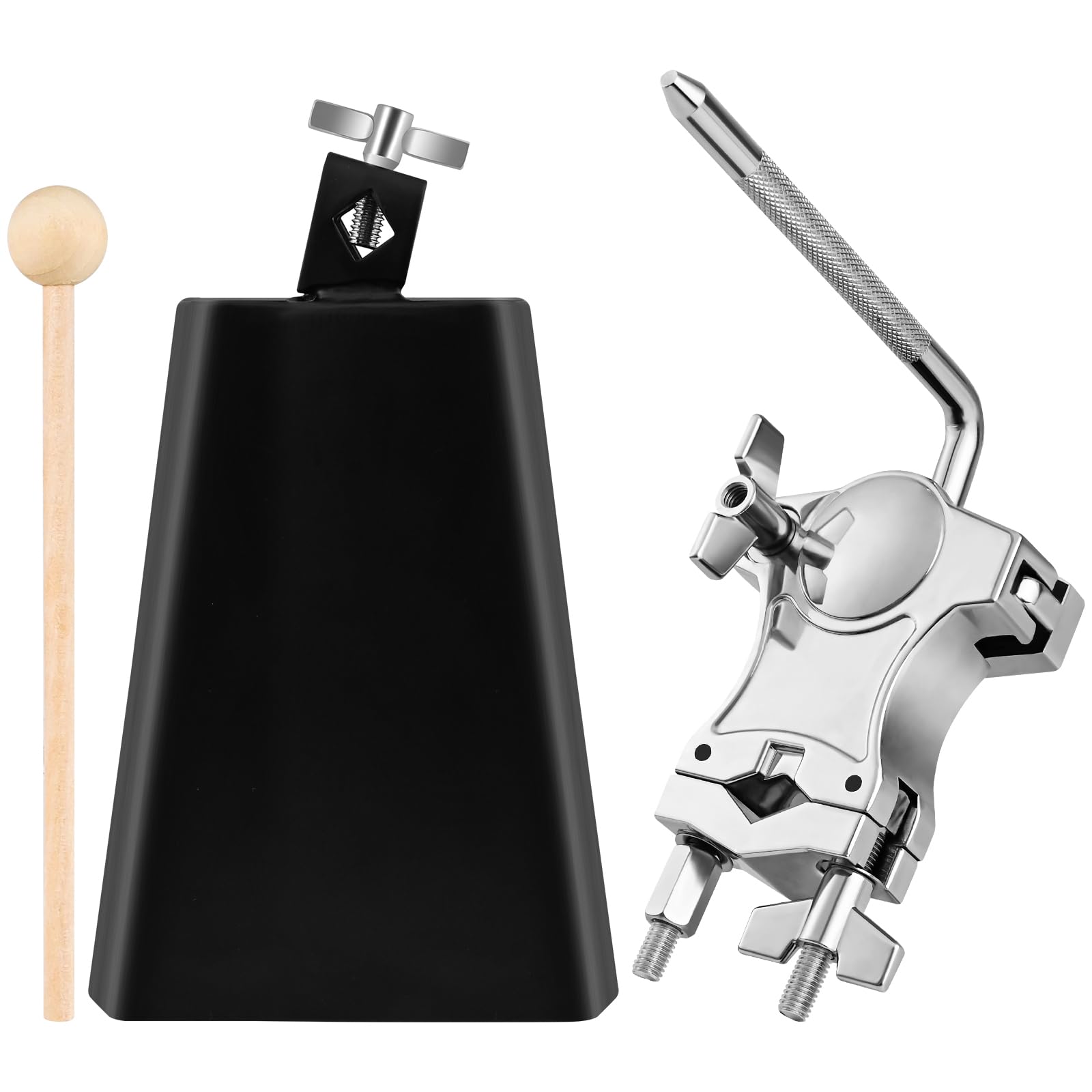 7 Inch Cowbell with L-Rod Clamp Set, Cowbell for Drum Set, Adjustable Mount Bracket, Black Steel Cow Bell for Drum Sets, Percuss