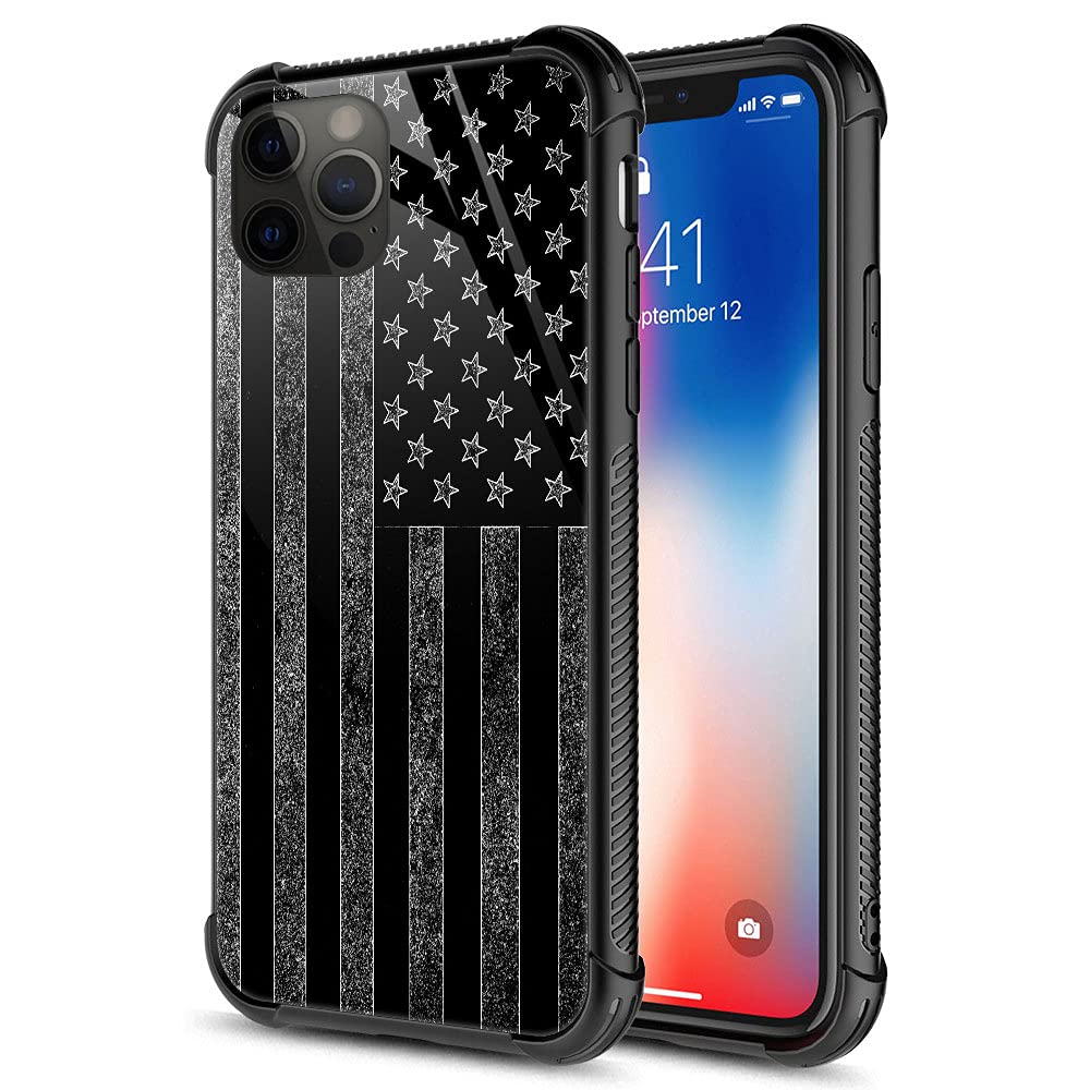 Iphone 13 Mini Case, Black And White American Flag Iphone 13 Mini Cases, Tempered Glass Back+Soft Silicone Tpu Shock Protective