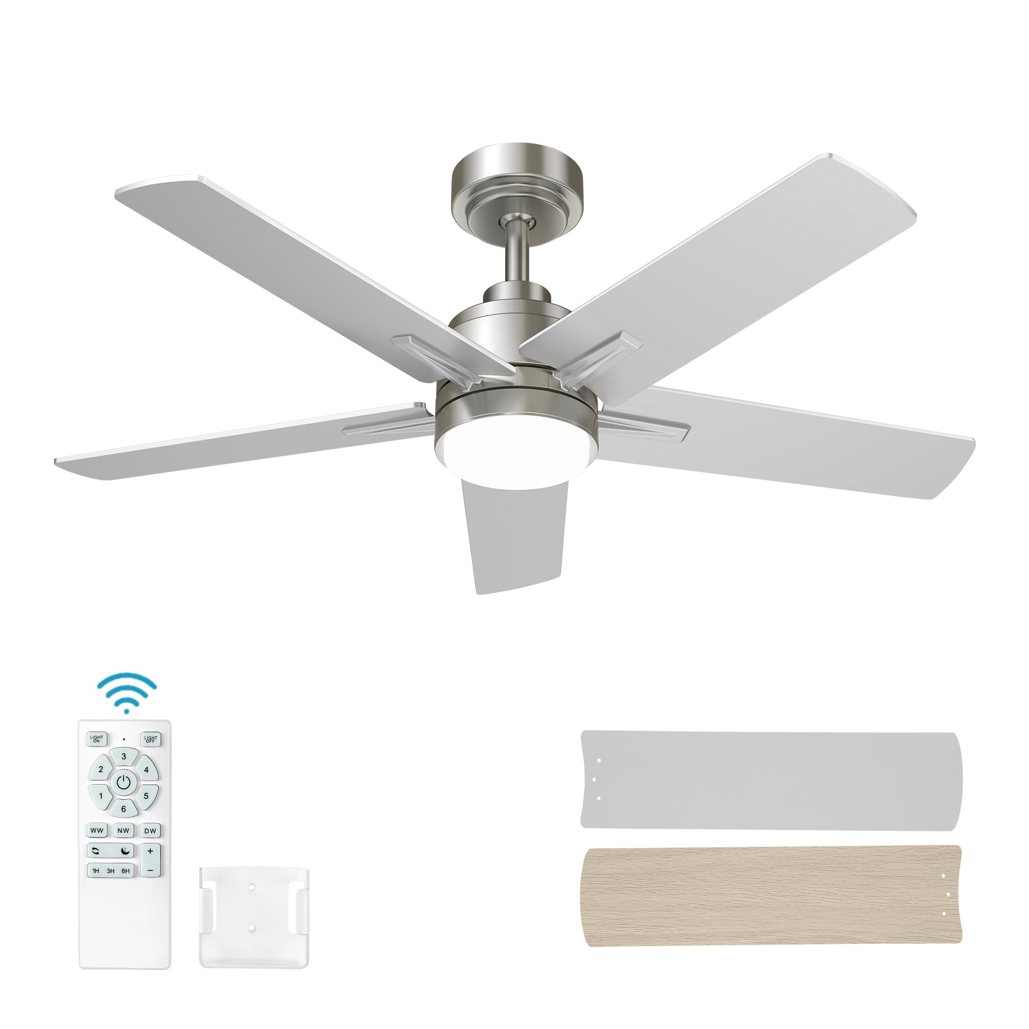 42 Inch Nickel Ceiling Fan With Light And Remote Control. Dimmable 3 Color Temperatures Led Ceiling Fan. 6 Speeds Reversible Dc