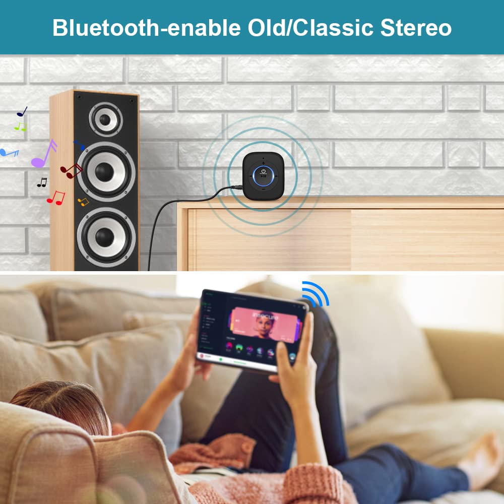 Golvery Bluetooth Receiver For Old Speaker With Latest Bluetooth V5.4, 20 Hour Battery Life, Handsfree Calls, Dual Connection To 2 Cell Phones, Built In Microphone, For Wired Headphones, Home Stereo