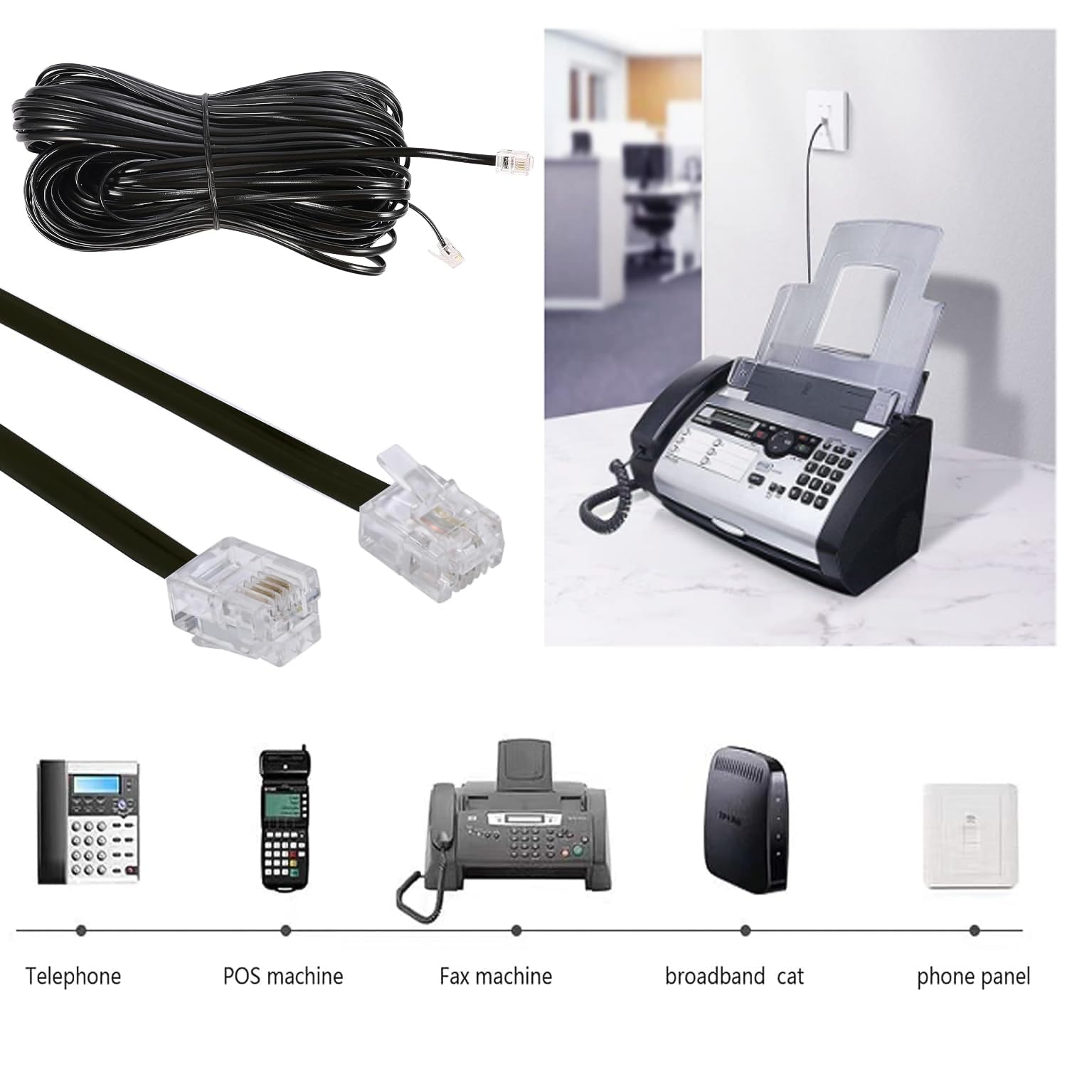 Seefeful 100 Feet Long Telephone Extension Cord Phone Cable Line Wire, With Standard Rj11 Plug And 1 In Line Couplers And 30 Cab