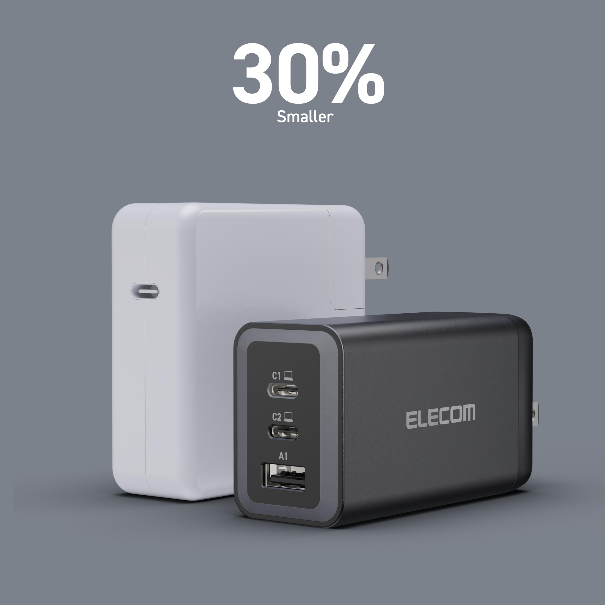 Elecom 120W Usb C Wall Charger Block, 3 Multi Port Gan Ii Smart Pd, Ultra-Fast Charging, Compact Power Adapter For Multiple Devi
