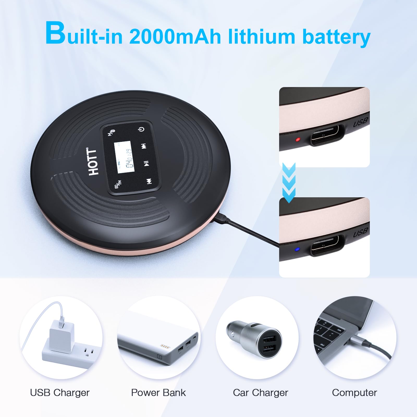 Cd Player Portable With Bluetooth Walkman Bluetooth Cd Player With Fm Transmitter Touch Button And Lcd Display,Rechargeable Disc