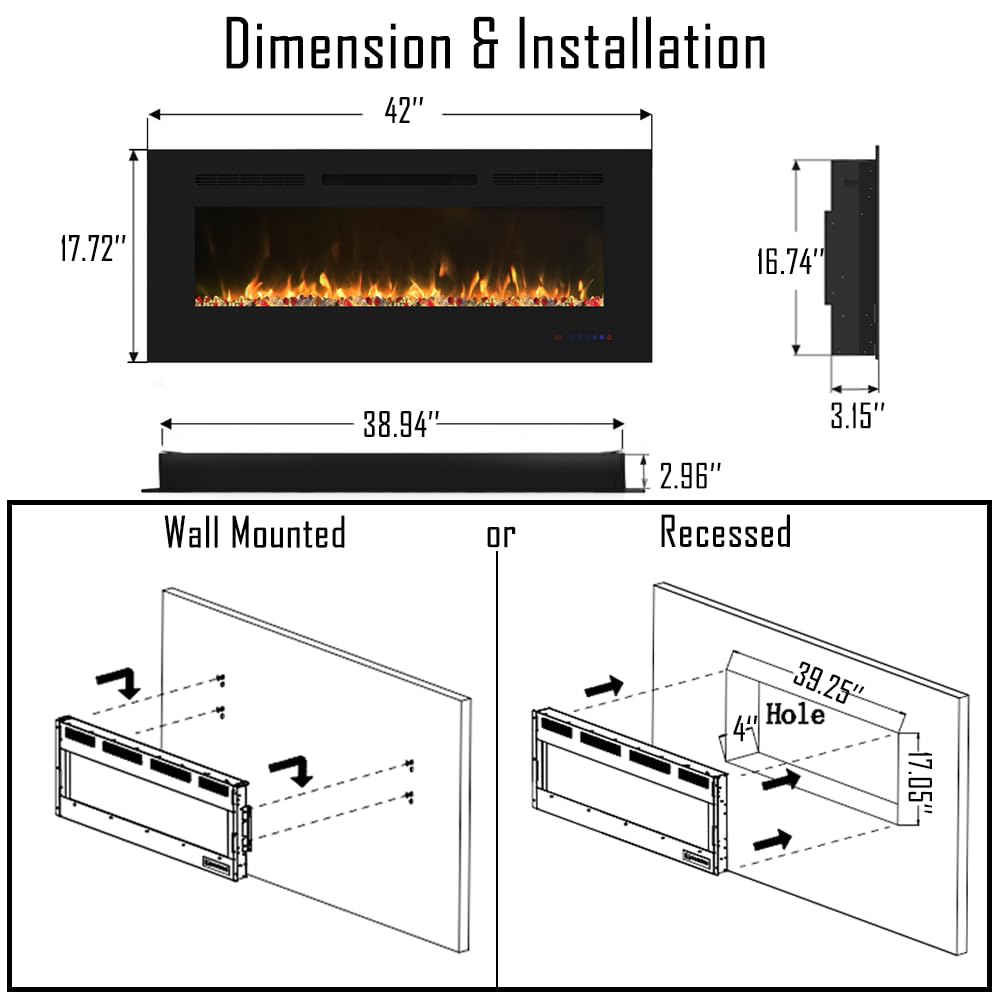 Cheerway 42 Inch Electric Fireplace With Heater, Wall Mounted & Recessed Electric Fireplace Insert, Linear Wall Fireplace W/Ther