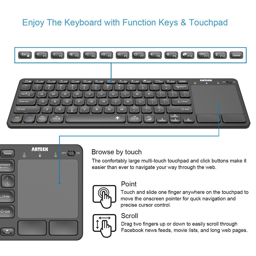 Arteck Universal Backlit 7 Colors Bluetooth Touch Tv Keyboard With Easy Media Control And Build In Touchpad For Tv Connected Com