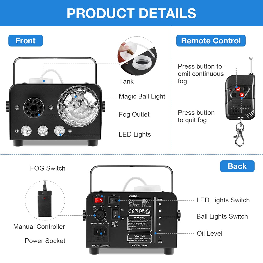 Mosfiata Fog Machine With Disco Ball Lights 600W Smoke Machine With Rgb Led Lights, 2300 Cfm Spray, Remote Control, Perfect For