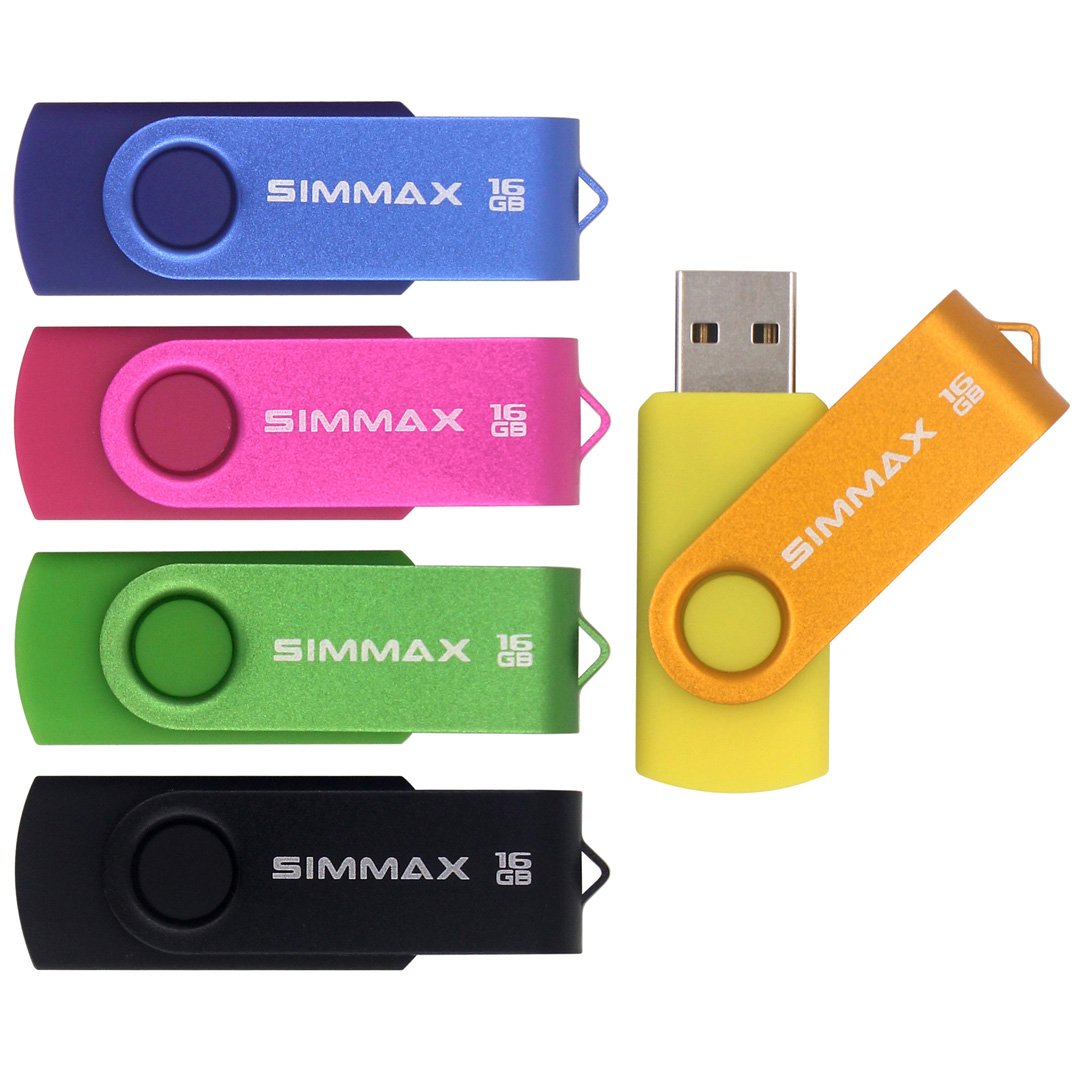 Simmax 5Pcs 16Gb Usb Flash Drive U Disk 16Gb Usb 2.0 Flash Memory Stick Swivel Design (Five Mixed Colors: Black Blue Green Gold Rose)(Mix Color2)