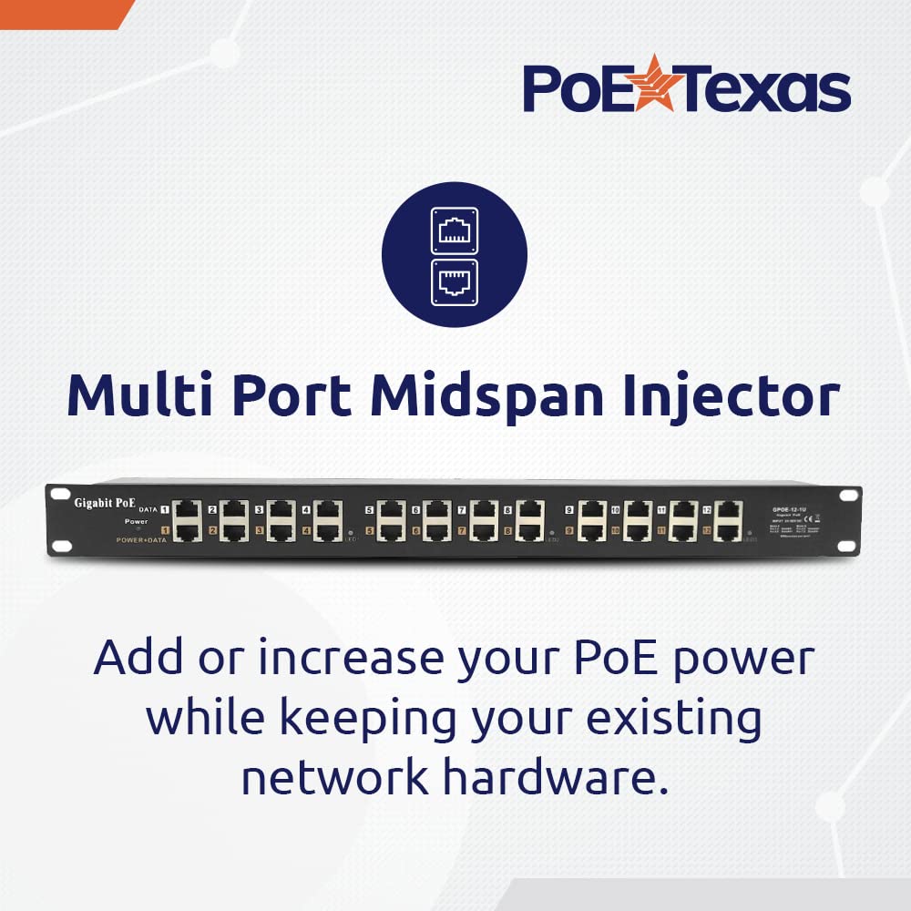 Poe Texas   Poe Injector   12 Port Gigabit Passive Midspan Injector With 24V 120 Watt Ul Power Supply   Power Over Ethernet For