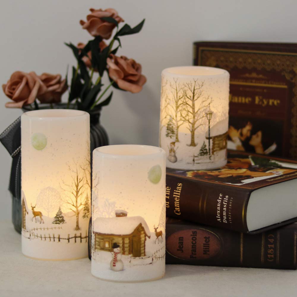 Genswin Christmas Snowman Flameless Candles Flickering Battery Operated With Timer, Real Wax Led Pillar Candles Warm Light, Chri